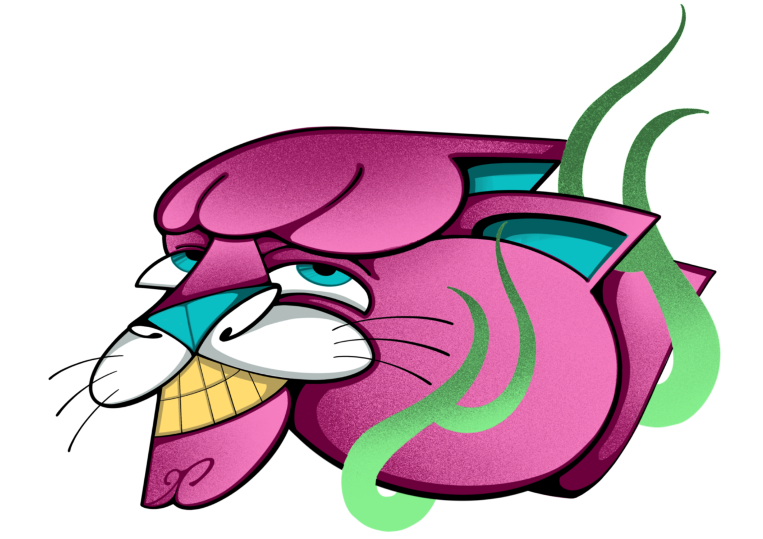 A cartoon pink dog with droopy eyes, tongue out, holding an ice cream cone with a yellow cone and three scoops of ice cream.