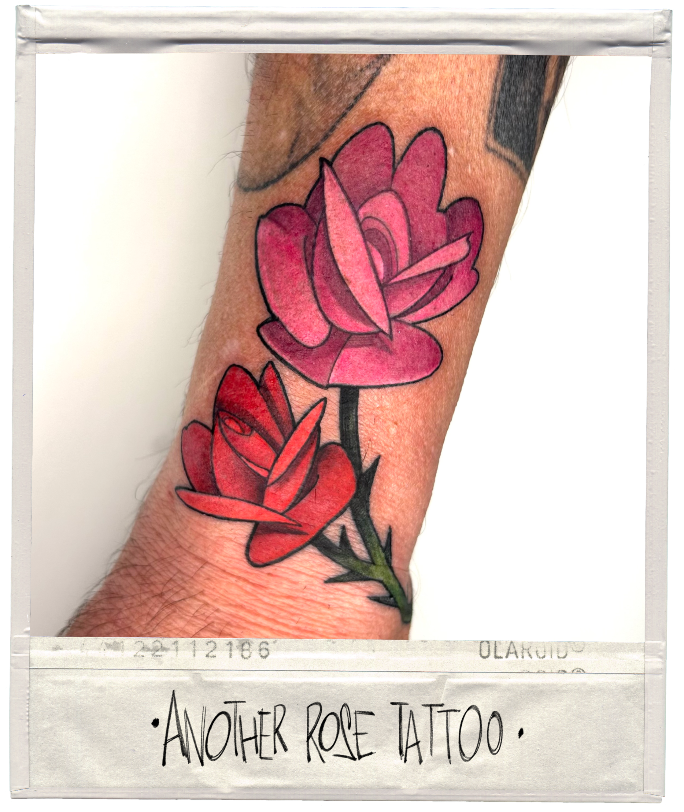 Colorful tattoos of pink and red roses on a person's arm, with the words 'Another Rose Tattoo' written underneath in a handwritten style.