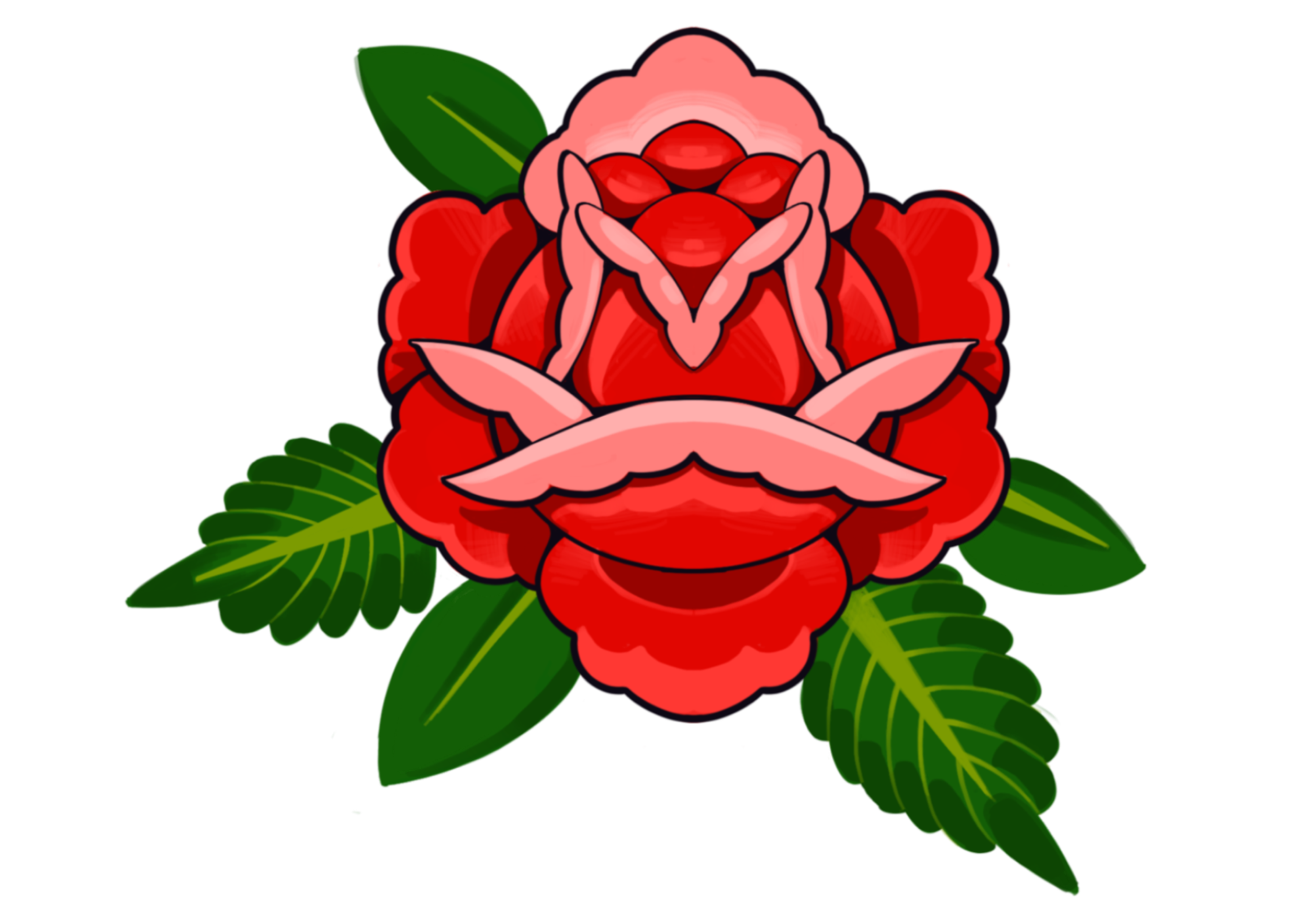 Colorful tattoo-style illustration of a red rose with a dragon emerging from the center, surrounded by green leaves.