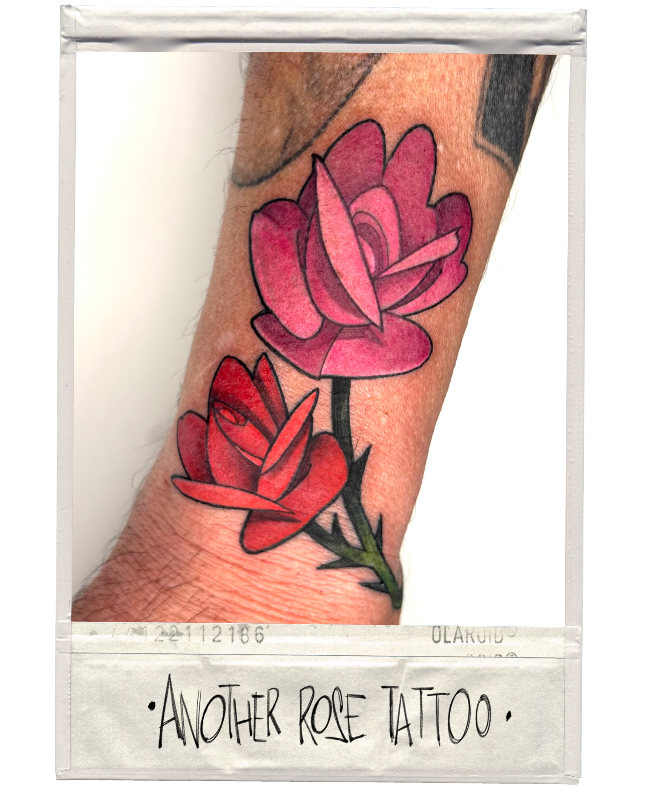 Colorful tattoo of two pink and red roses on a person's forearm, with black outlines on the petals and green leaves on the stem, resembling a Polaroid photo with a caption reading 'Another Rose Tattoo'.