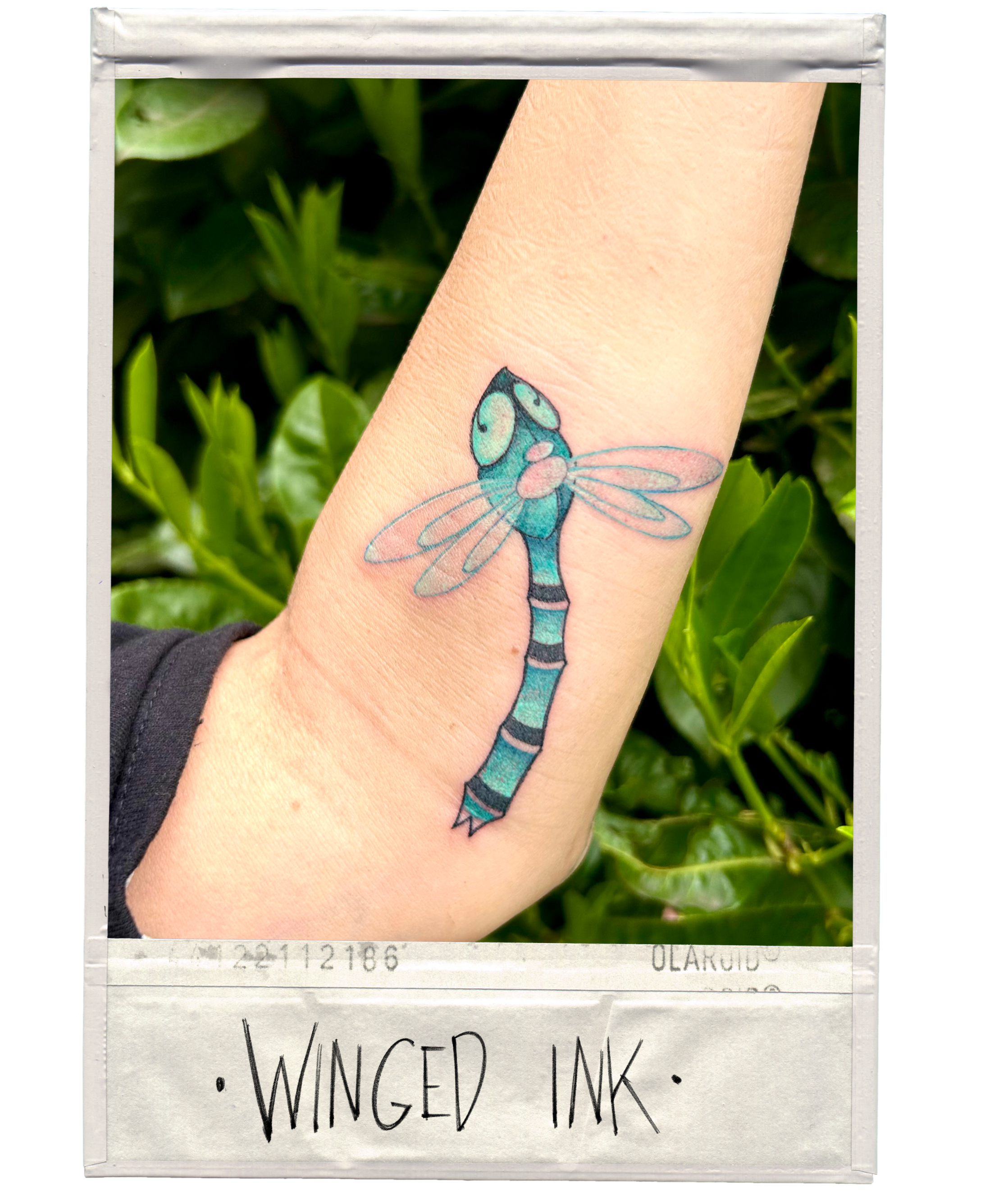 Tattoo of a cartoon dragonfly on a person's forearm against a background of green foliage.