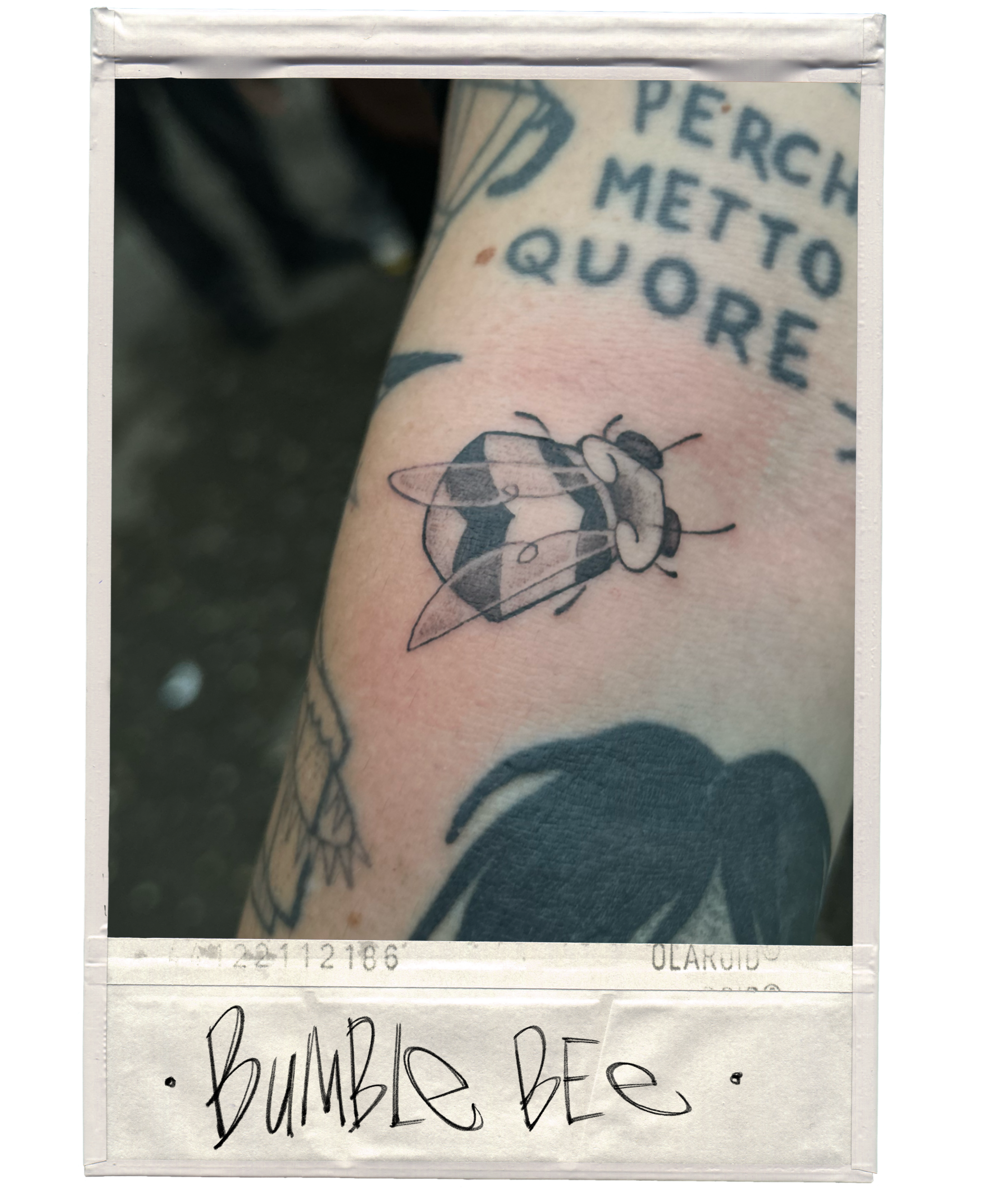 Close-up of a tattooed arm with a bee tattoo, part of a quote, and other tattoos visible. The photo has a Polaroid-style border with handwritten text on the bottom reading ‘Bumble Bee’.