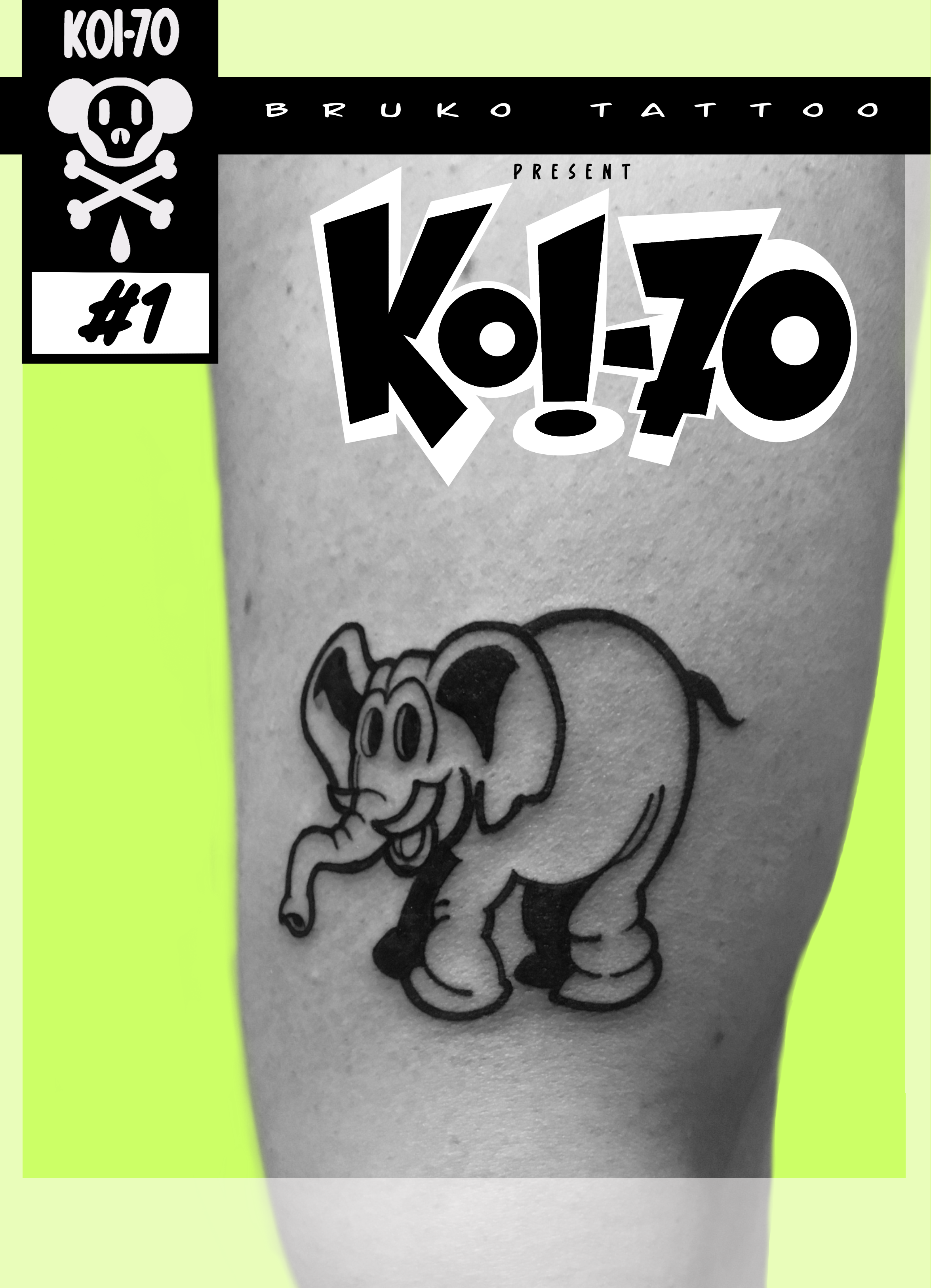 A tattoo of Dumbo, the Disney cartoon elephant, on a person's leg. The tattoo depicts Dumbo with large ears, a happy expression, and a raised trunk. The image is in black and white.