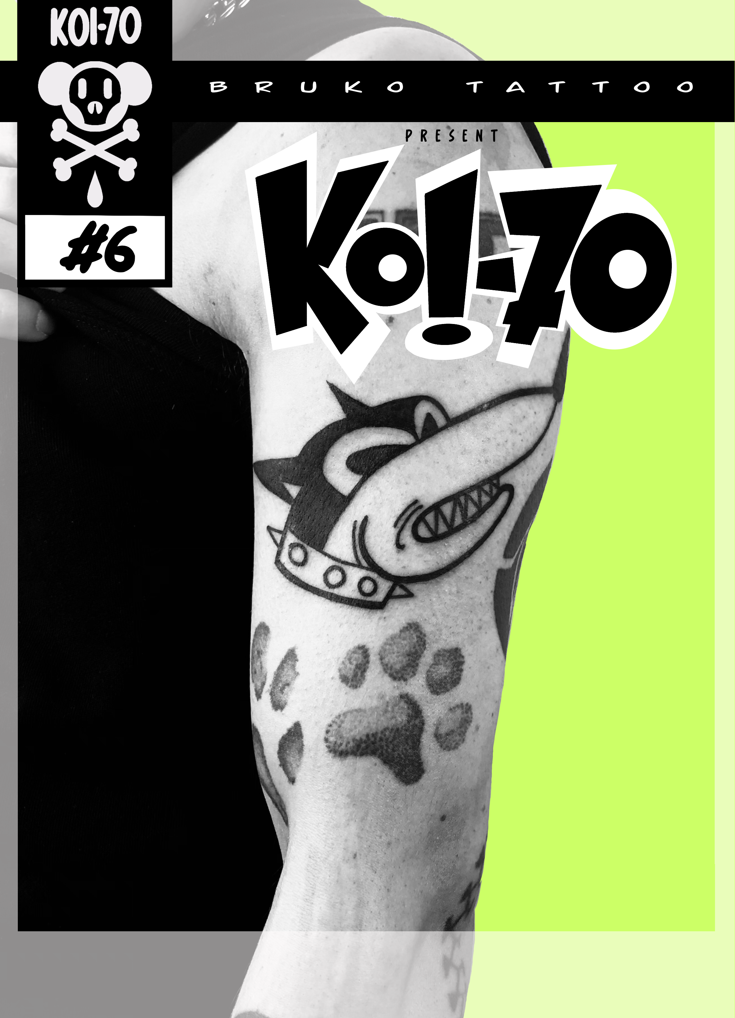 Black and white tattoo of a cartoon dog with a spiked collar and sharp teeth on a person's arm. The tattoo is surrounded by colorful graphic elements and text, including a stylized skull logo, the number 6, and the words 'KO!ZO' in bold letters.