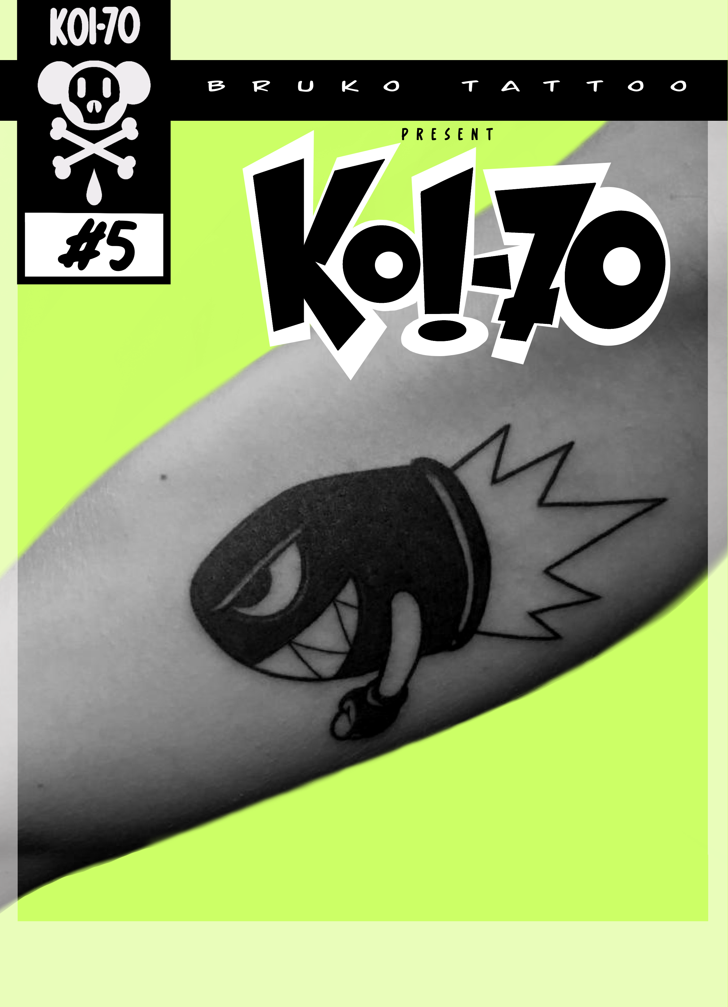 Tattoo of a cartoonish black dinosaur with sharp teeth, an angry expression, and a small arm, on someone's skin.