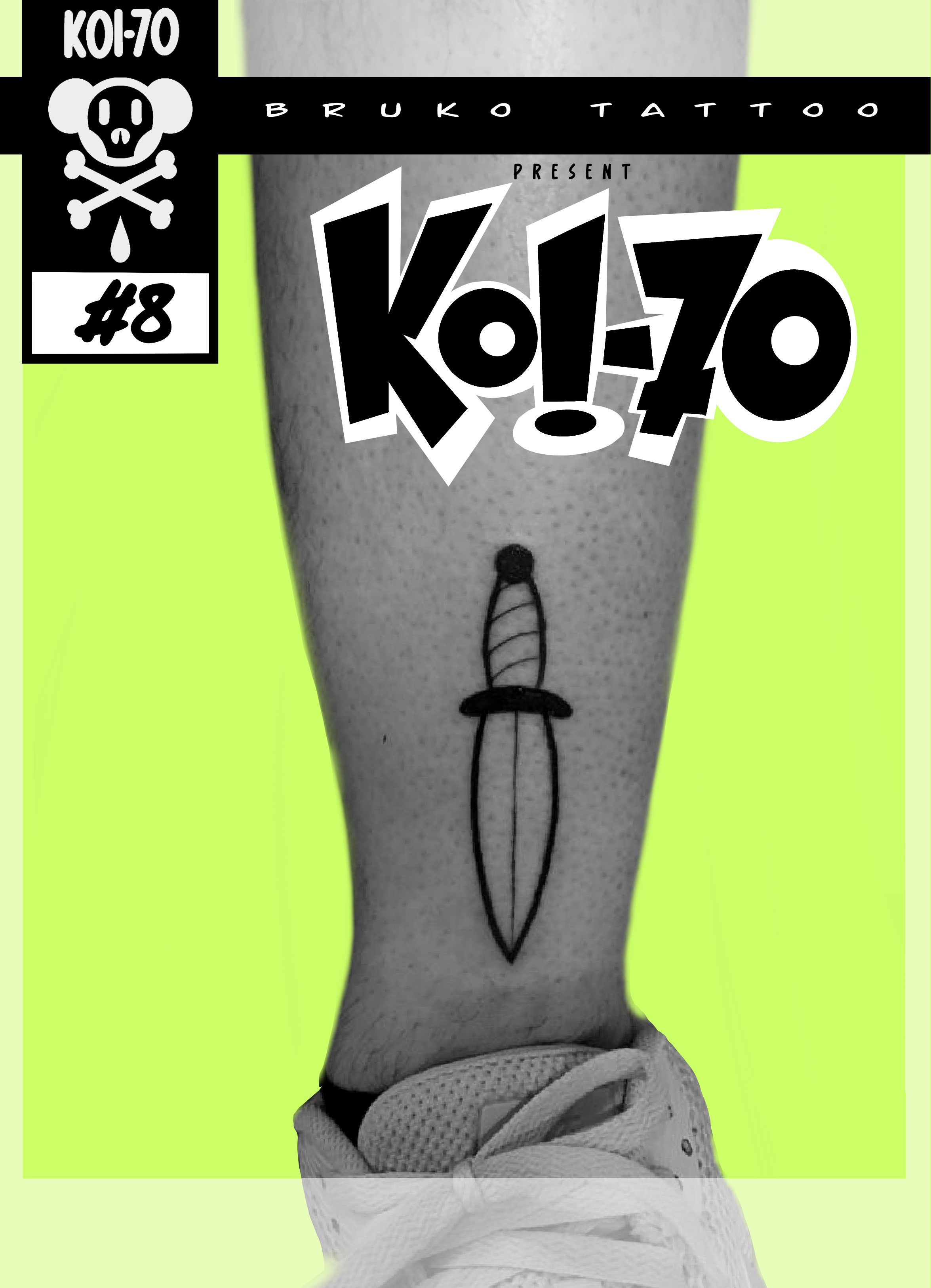 Tattoo of a simple dagger on a person's leg, with a neon green background and cartoon-style text and graphics overlaid.