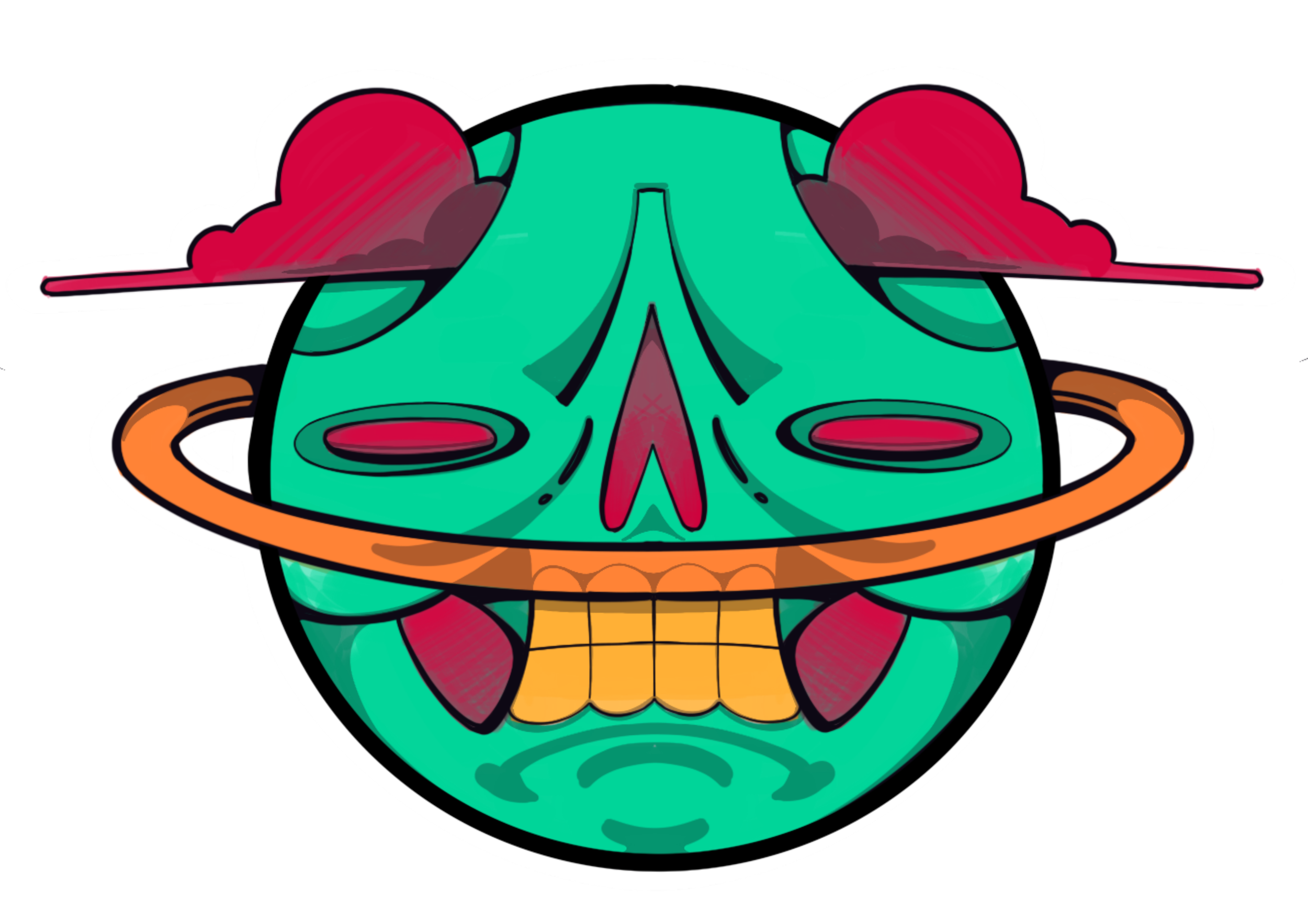 Colorful digital illustration of a skull with a spaceship ring around it, styled with vibrant green, red, yellow, and orange hues.