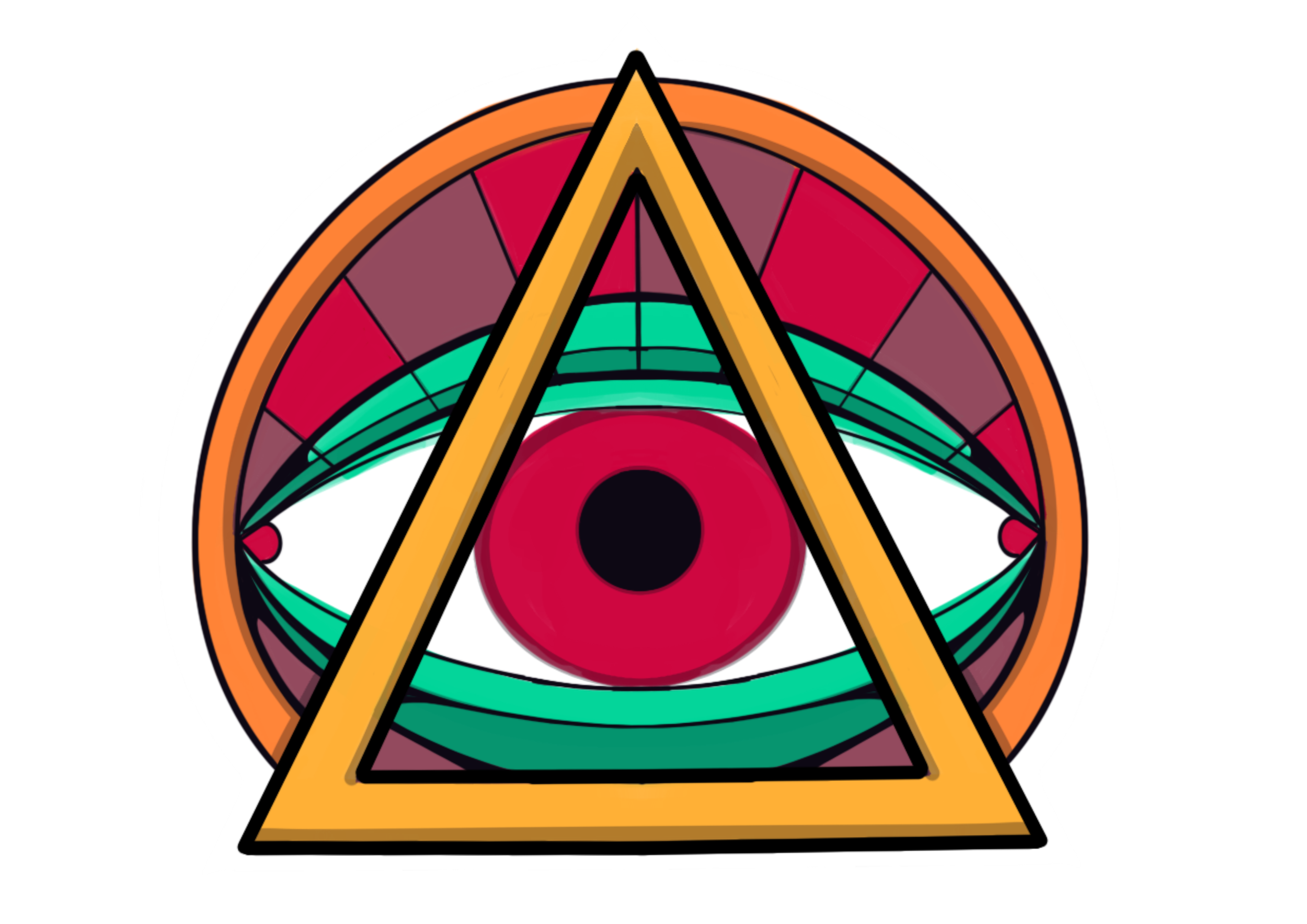 A graphic illustration of an eye with a red iris and black pupil, surrounded by a pattern of teal and white shapes, overlaid by a large orange triangle with a black outline.