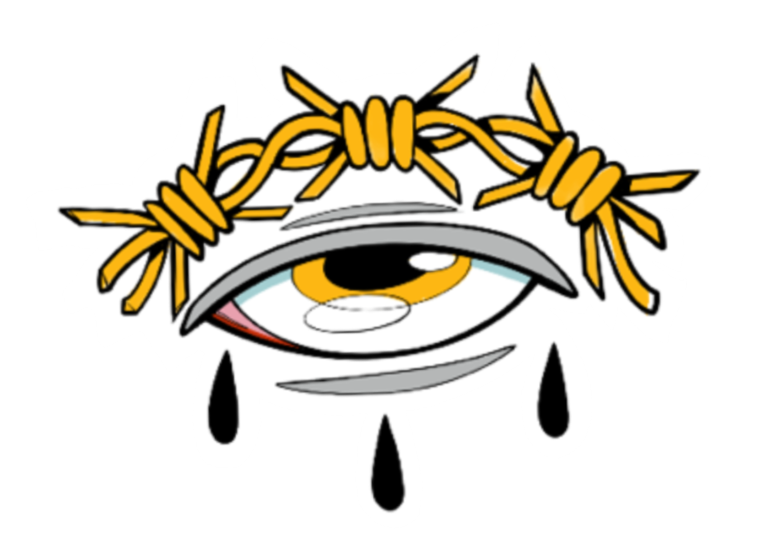 A cartoon eye with tears, a gray baseball cap, and a crown of yellow rope surrounding the eye.