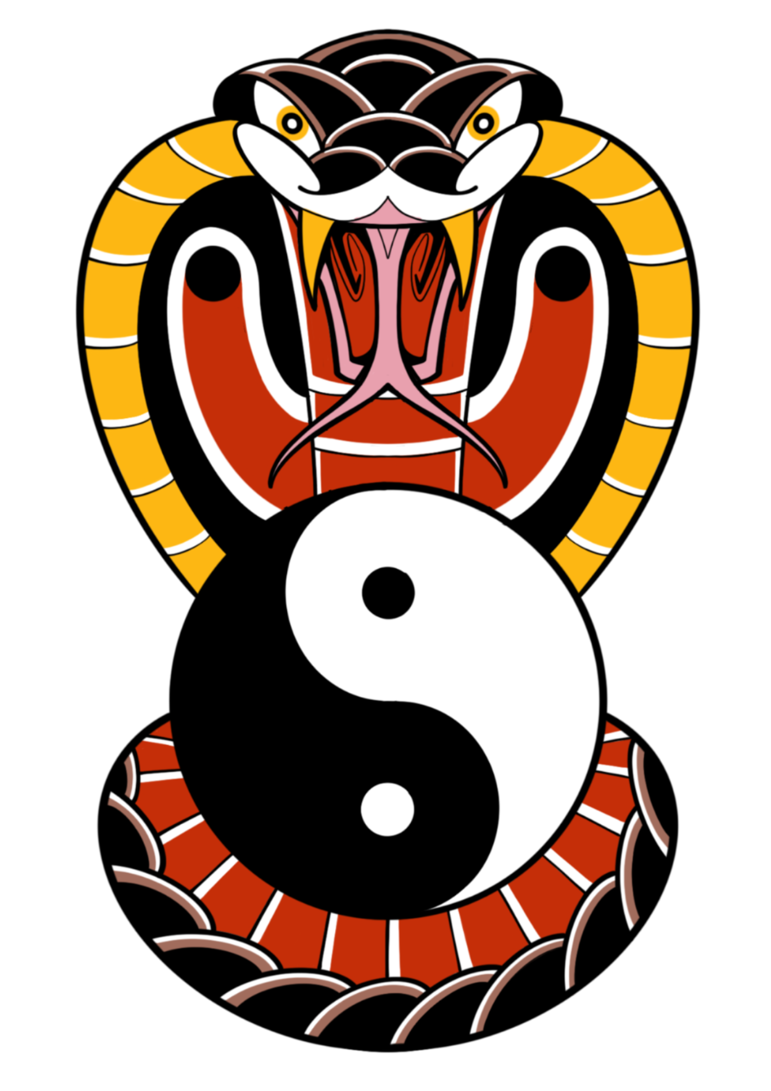 A dragon with a snake-like body, decorative scales, and a fierce face, intertwined with a yin-yang symbol, representing balance and duality.