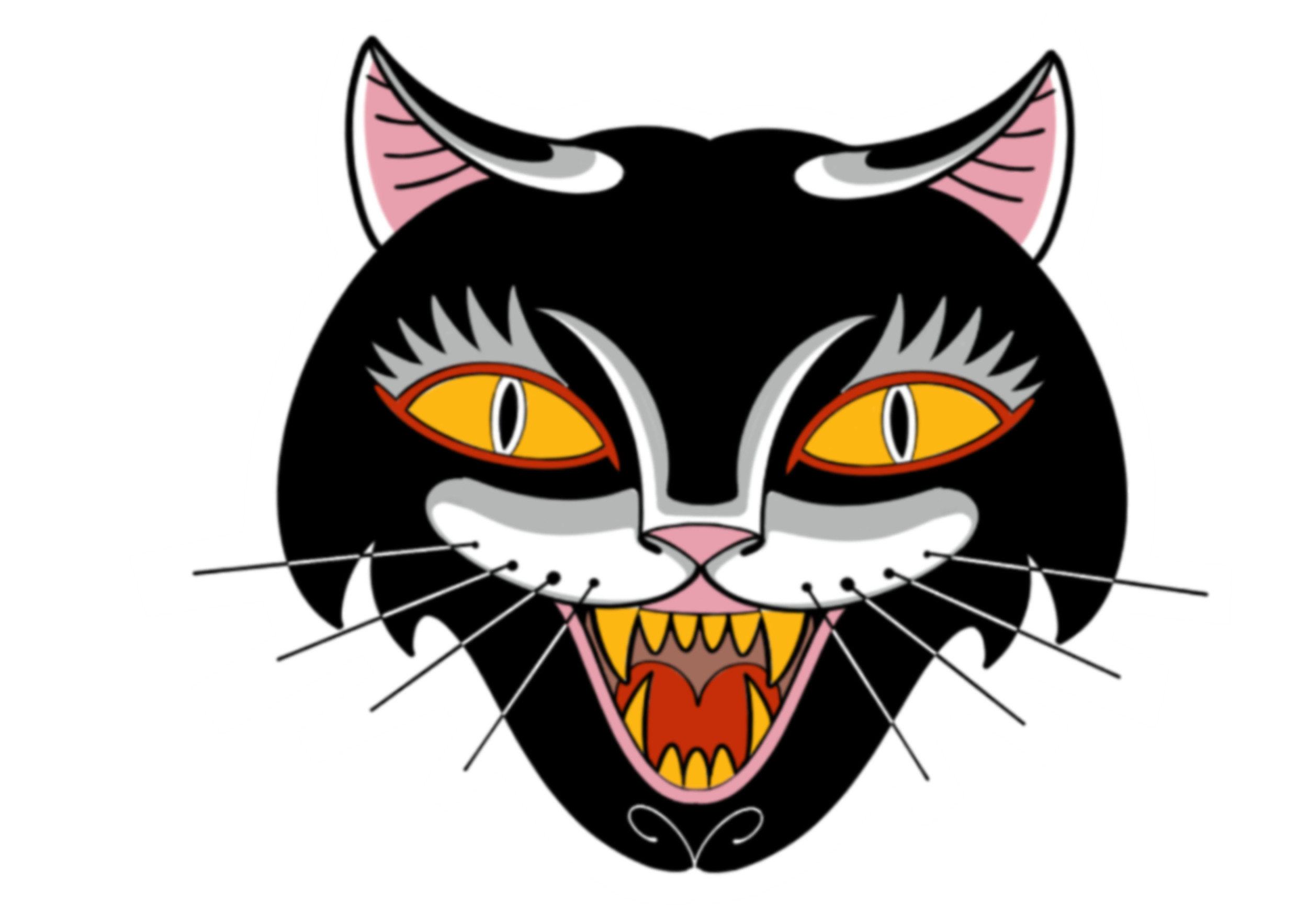 A stylized illustration of a black and white cat's face with yellow eyes, pink inner ears, and sharp teeth, resembling a traditional tattoo or tattoo-inspired design.