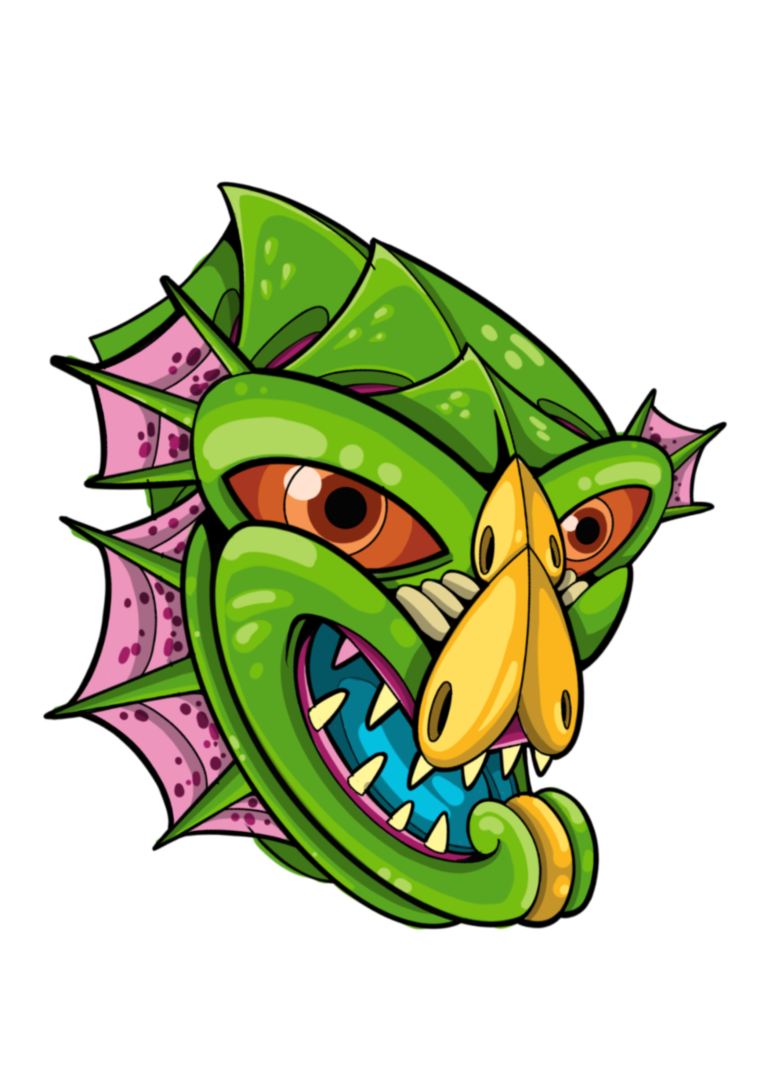 Colorful cartoon monster with green skin, orange eyes, pink spikes, and a yellow nose and teeth.