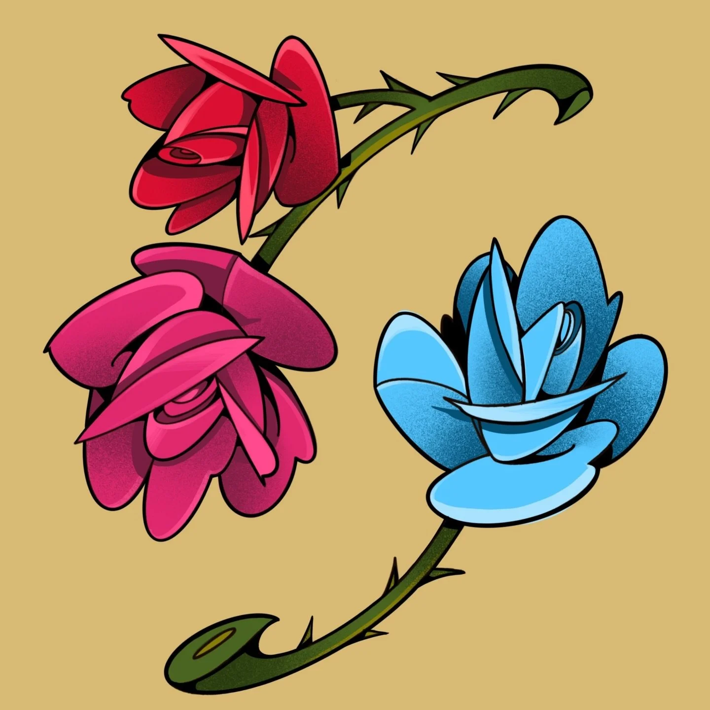 &bull;THREE ROSES&bull;
Bold outlines, structured shading, and clean color transitions define this dual-rose composition.
The construction follows the same logic as my graphic projects: simplified volumes, targeted contrast, and a controlled palette 