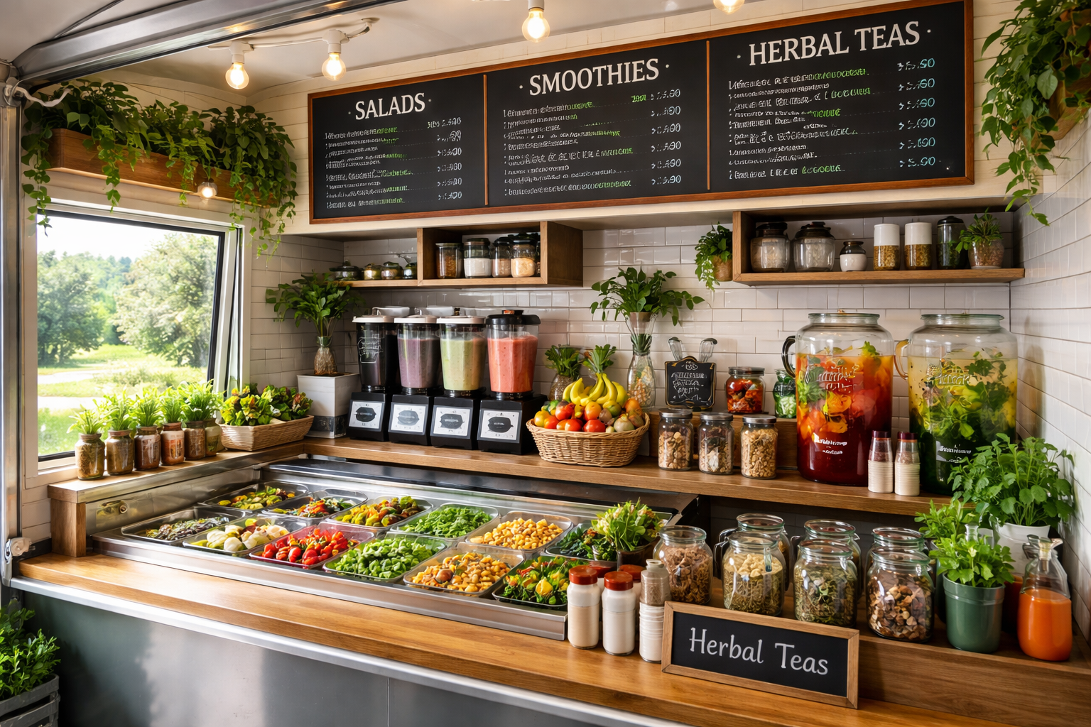 Interior of a healthy cafe or juice bar serving salads, smoothies, herbal teas, with fresh fruits, vegetables, jars of herbs, and colorful drinks displayed on wooden countertops and shelves.