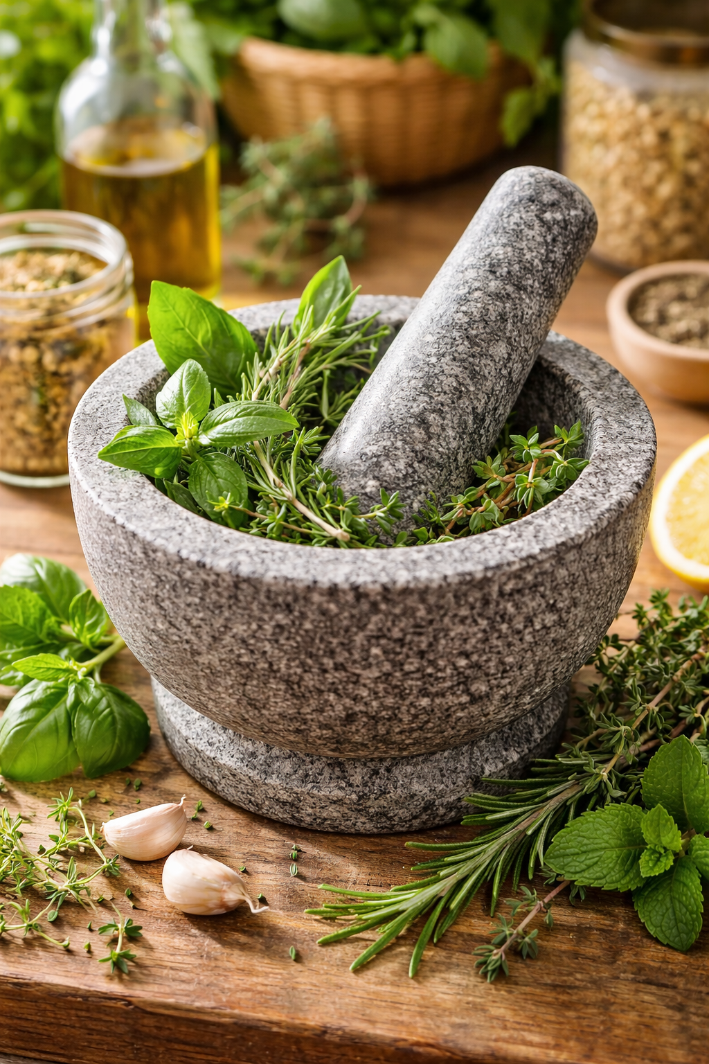 A granite mortar and pestle filled with fresh herbs like basil, rosemary, and thyme on a wooden surface, with garlic and lemon nearby, surrounded by jars and bowls of seasonings and oils.