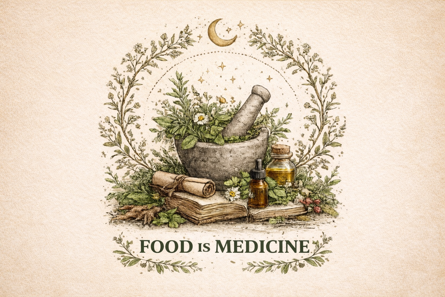 An illustration of herbal medicine ingredients, including a mortar and pestle with leafy herbs, an open book, small bottles of herbal extracts, and a crescent moon and stars in the background, with the caption "Food is Medicine" at the bottom.