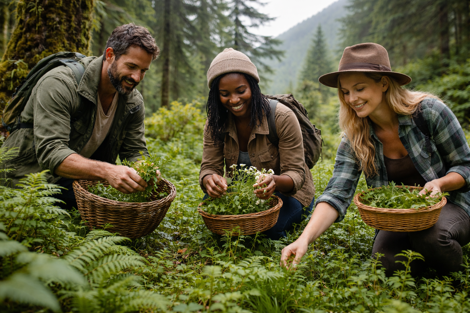 Three people harvesting plants in a forest, holding baskets with greenery, surrounded by tall trees and lush foliage.