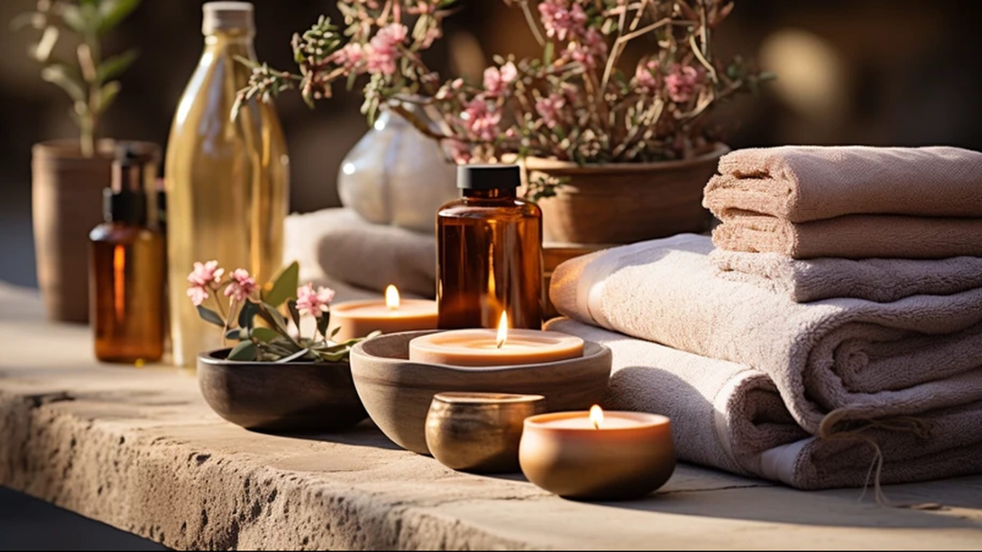 Spa setting with folded towels, lit candles, and bottles of essential oils, decorated with pink flowers and green leaves.
