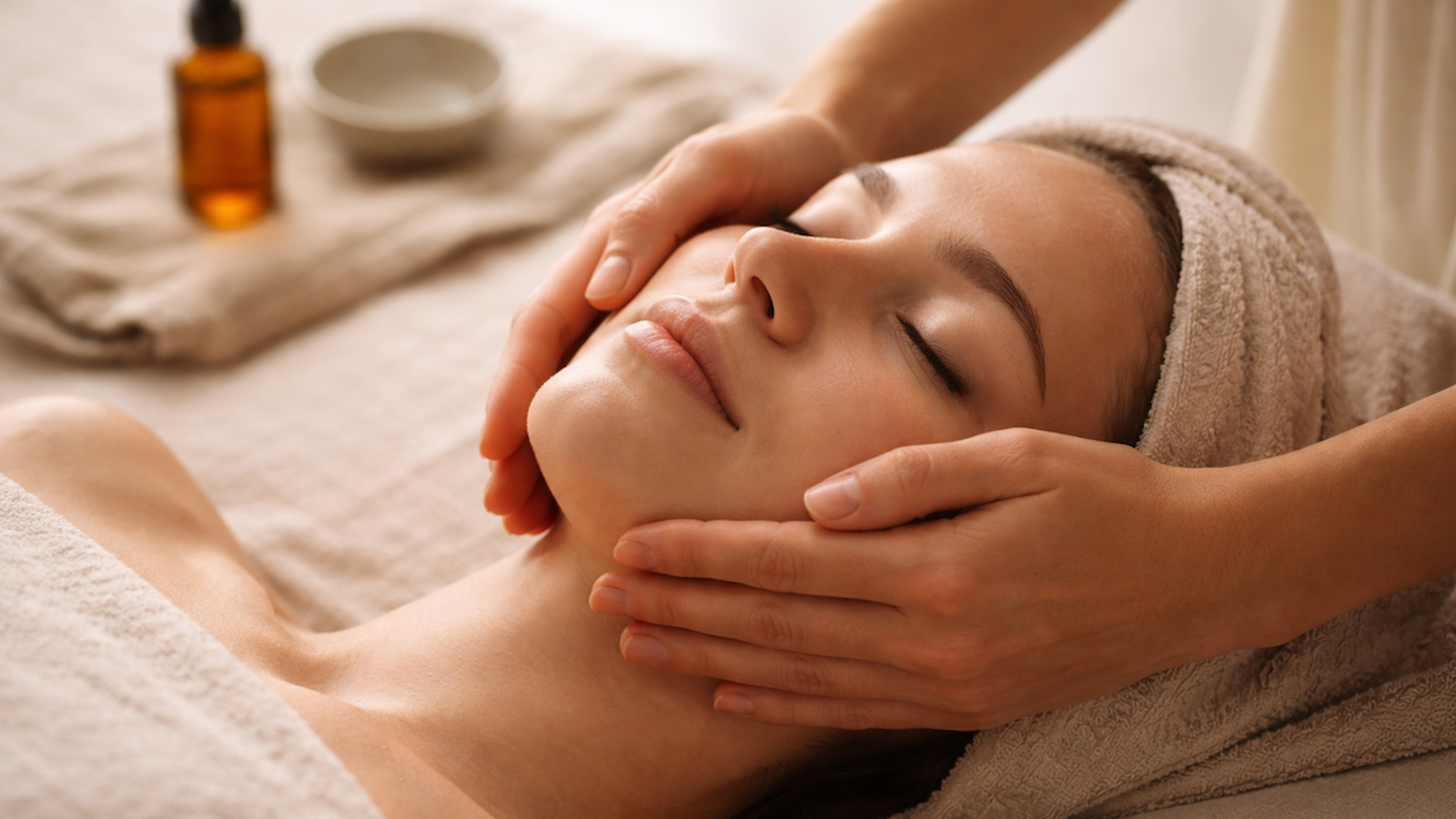 A woman receives a facial massage at a spa, lying on a treatment table with a towel wrapped around her head and a relaxed expression.