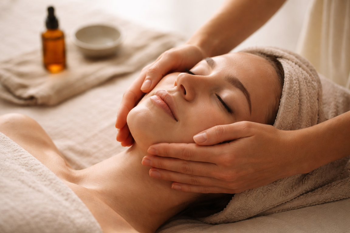 A woman receiving a facial massage at a spa, lying peacefully with a towel wrapped around her head, and skincare bottles and bowls in the background.