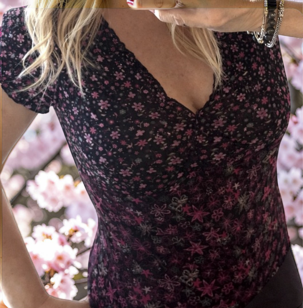 Mesh black baby tee with pink ditsy flowers S