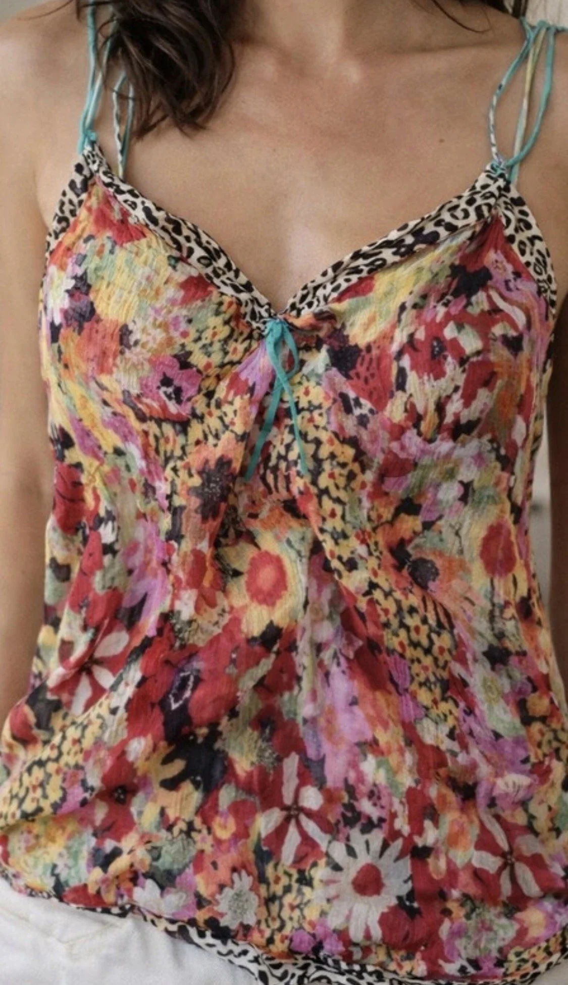Gorgeous multi coloured cami with turquoise velvet ribbon S