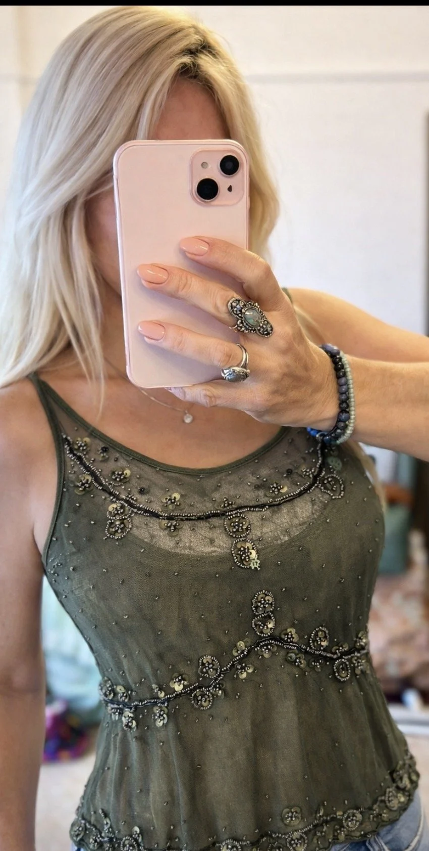 Vintage Glam Khaki Beaded Cami S