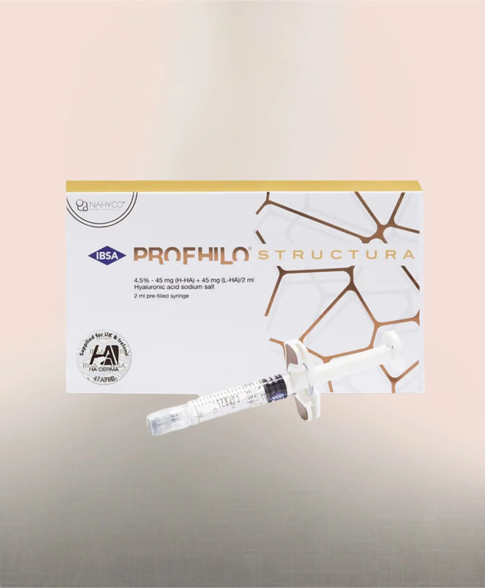 Bilde av en eske med Profhilo struktur hudbehandling sammen med en sprøyte.