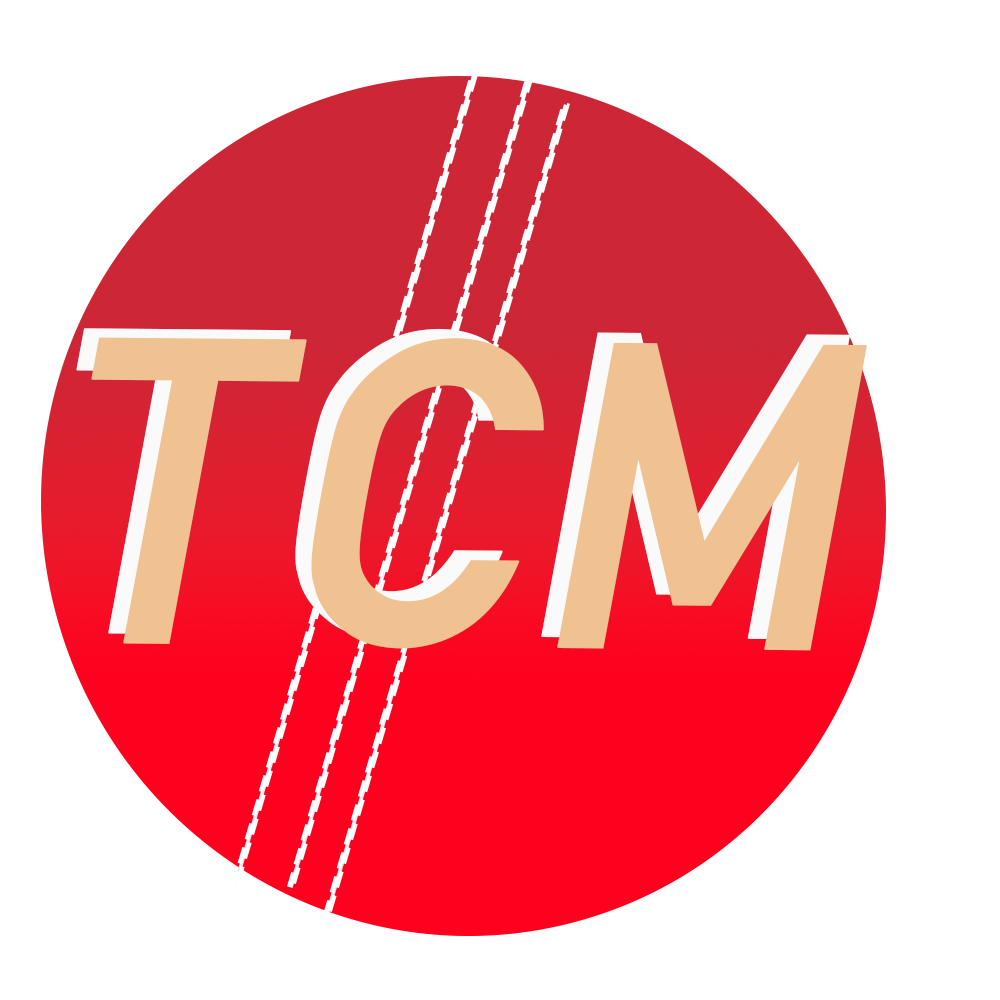 Red and beige logo with the letters TCM on a red background with diagonal white lines.