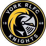 Logo of York RLFC Knights featuring a stylized knight's helmet with a gold and black color scheme and a circular text border.