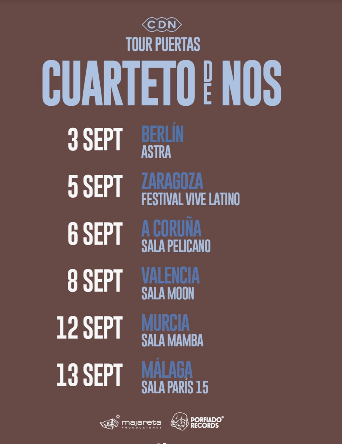 Tour schedule poster with dates and locations for a series of concerts in September, listing cities, venues, and specific dates.