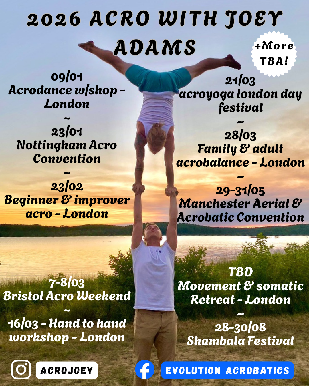 joey flying an extended standing hand to hand, with dates and locations of everywhere she is teaching in 2026