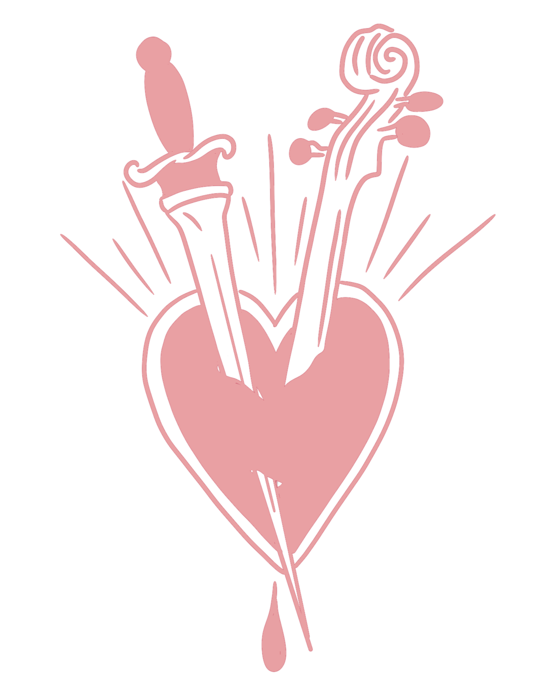 A pink outline of a heart pierced by a sword, with a dagger and a rose on top, and lines radiating from the heart against a black background.