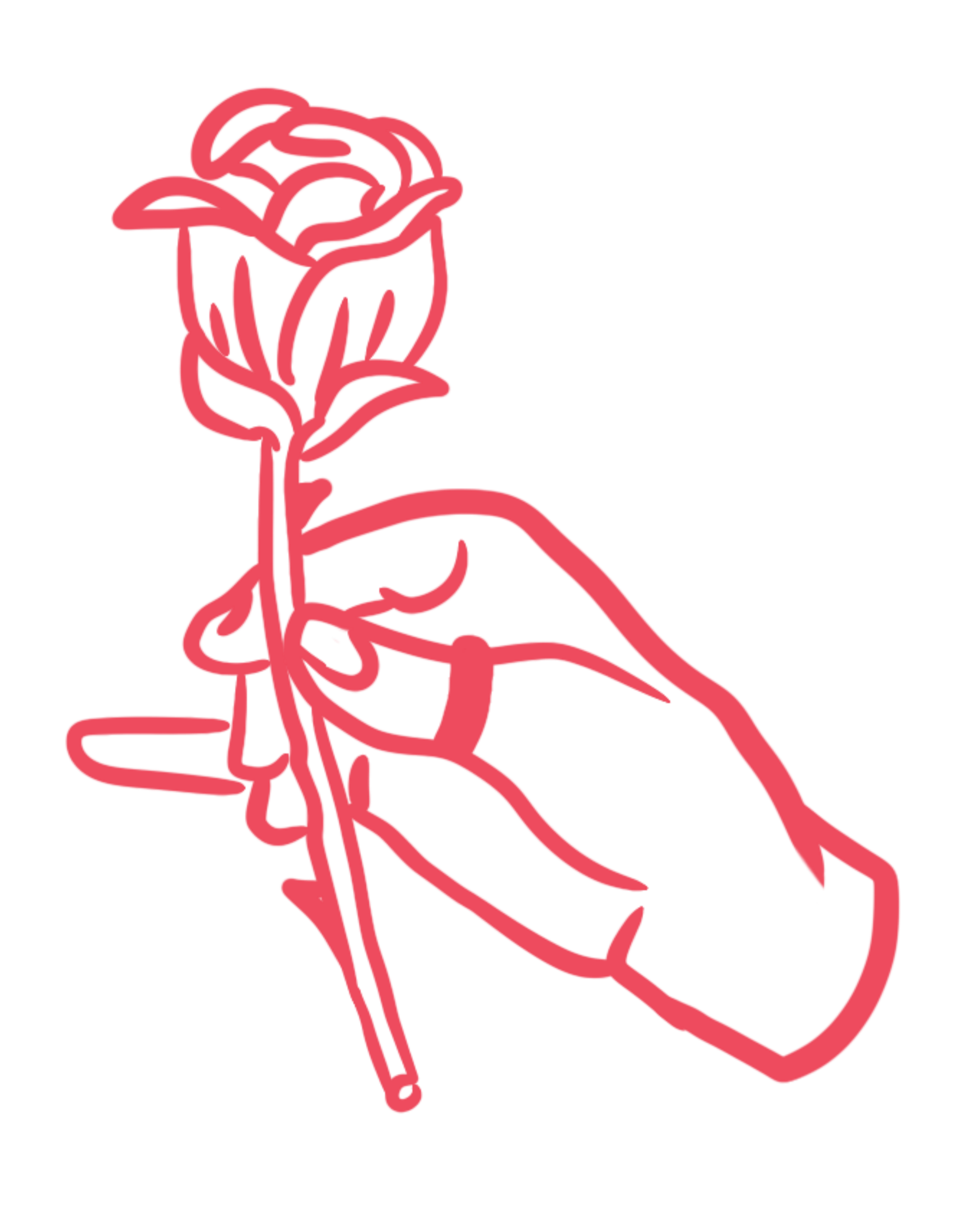 Line art illustration of a hand holding a rose, drawn with a continuous red line on a black background.