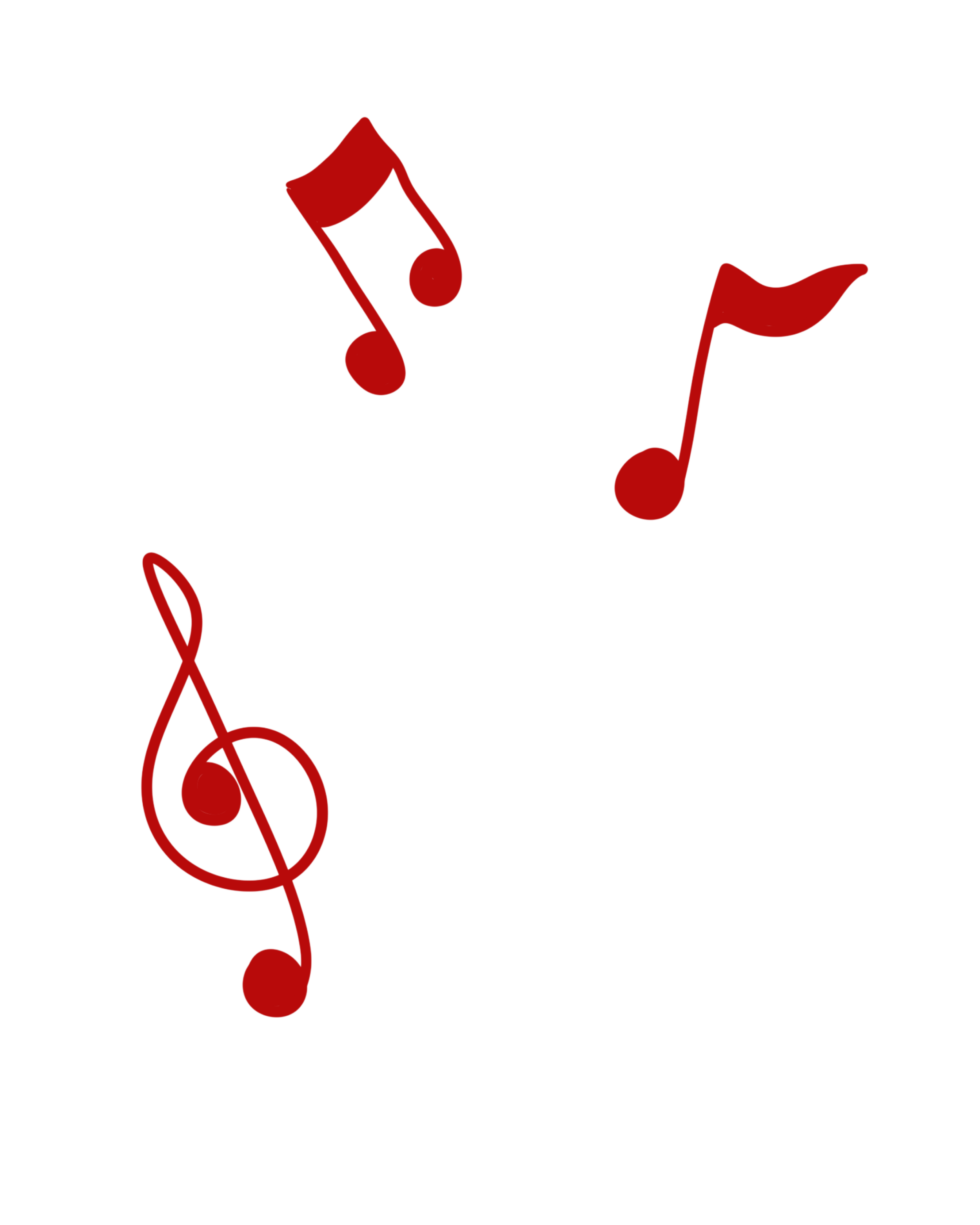 Three black musical notes with red accents around four red musical notes on a black background.