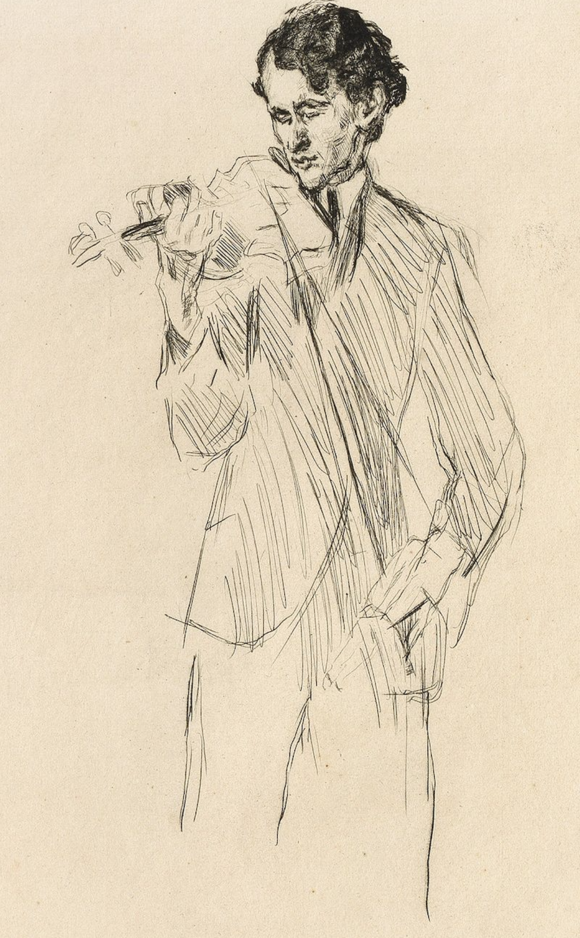 Sketch of a man playing a flute, dressed in a suit, with short, wavy hair, on a plain background.