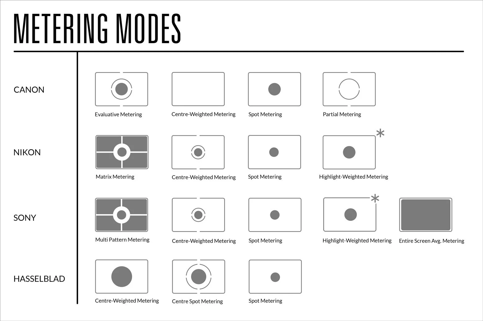 Image showing different metering icons on cameras.