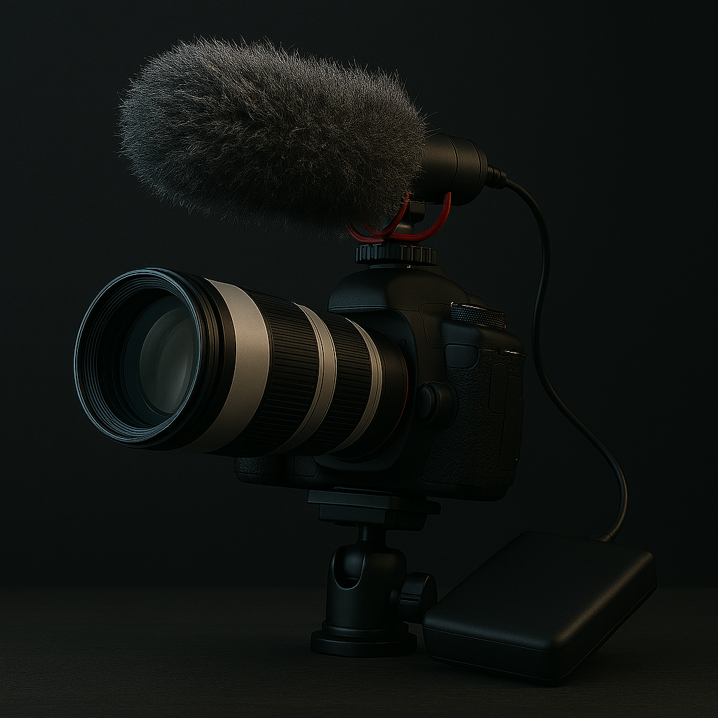 example of a camera and microphpne. Image is created with Copilot.