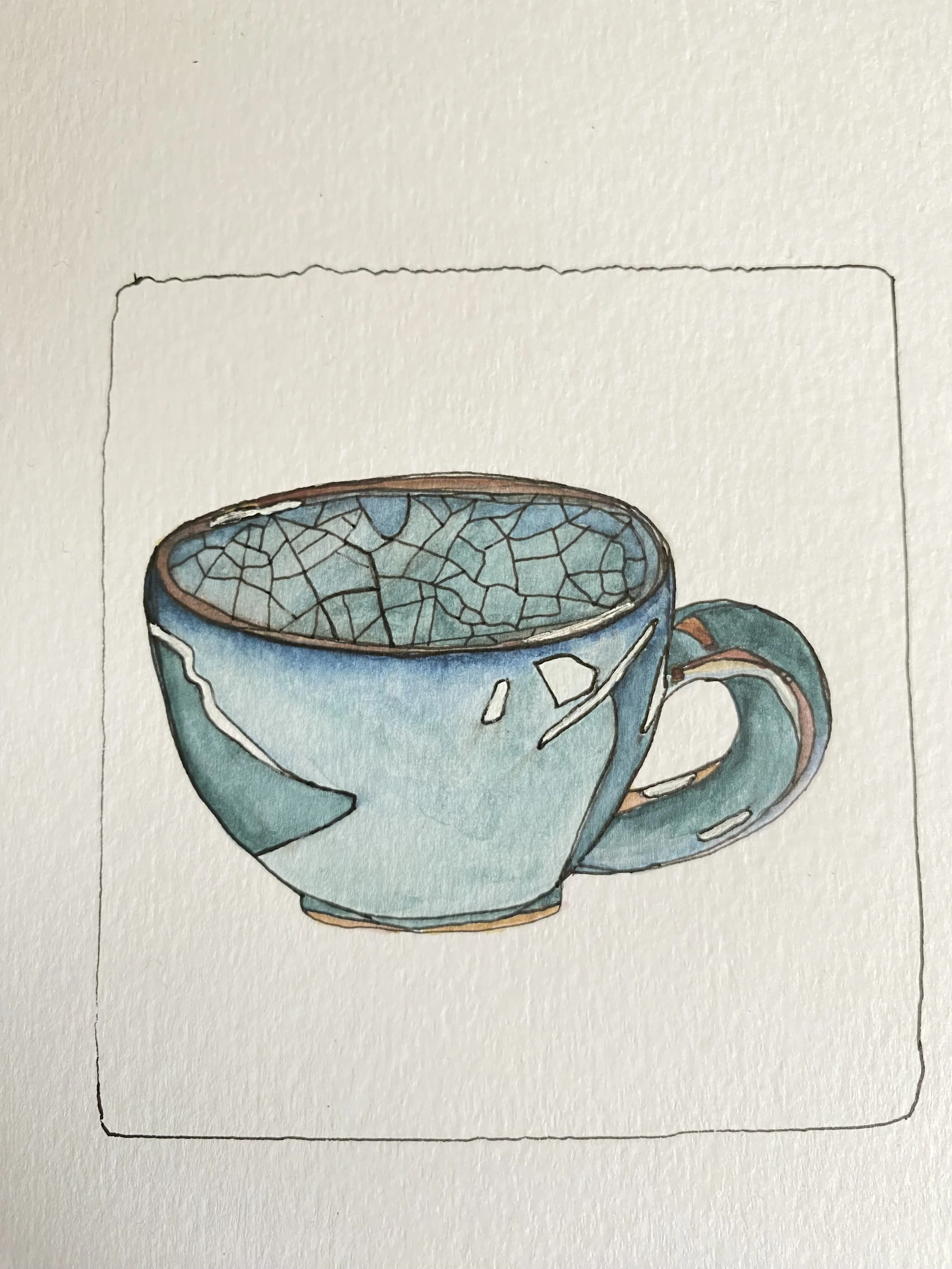 Hand-drawn watercolor illustration of a teacup with a crackled interior, placed on a white background with a faint black border.
