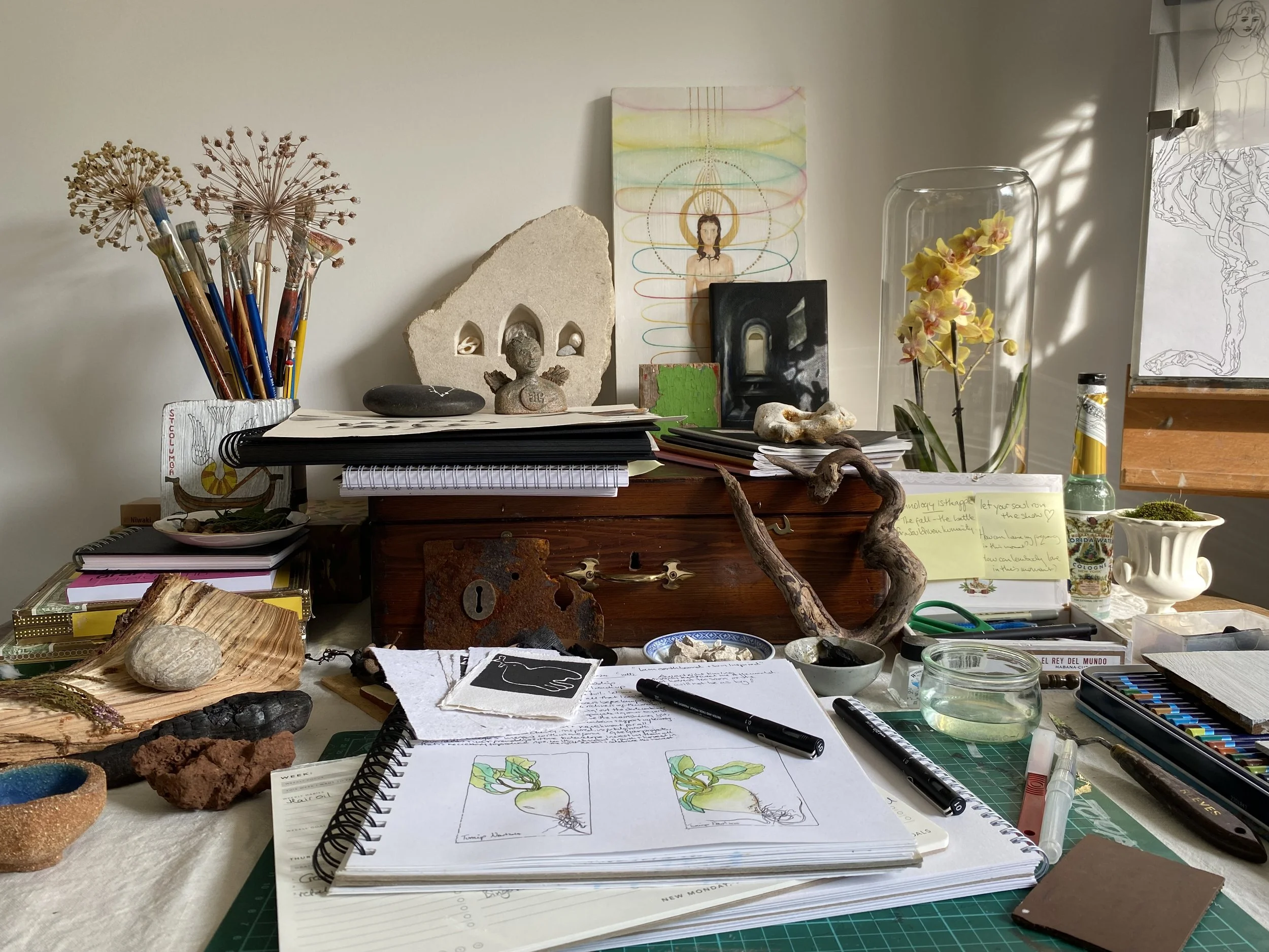 An artist's workspace with drawing supplies, sketches, and decorative objects on a cluttered table. There's a paper with botanical sketches, a pen, small stones, shells, and dried plants. The background includes artwork, a glass vase with orchids, and various art materials.