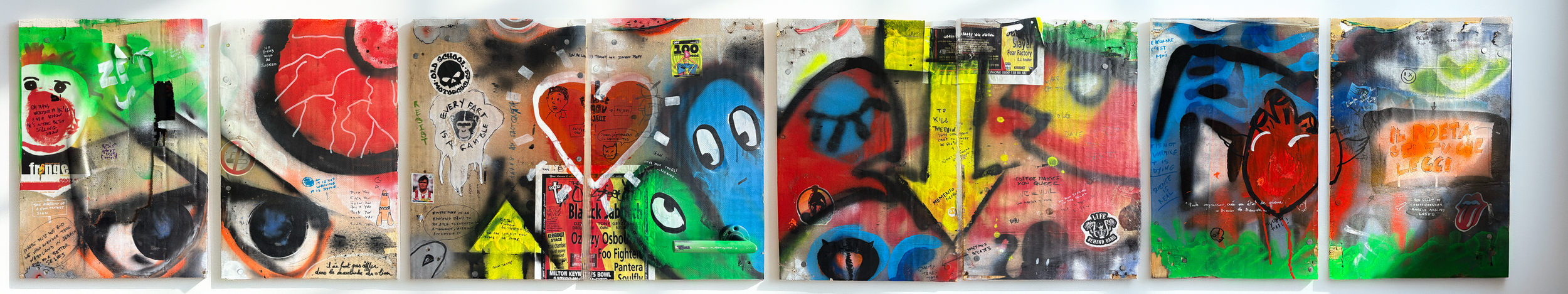 Tine Dhollander - Toilet Archeology - 
A public toilet door, cut into eight equal parts. Reassembled as a horizontal relic.
Human traces, stripped, archived, exposed.

This work sits somewhere between destruction and care.
Between vandalism and prese