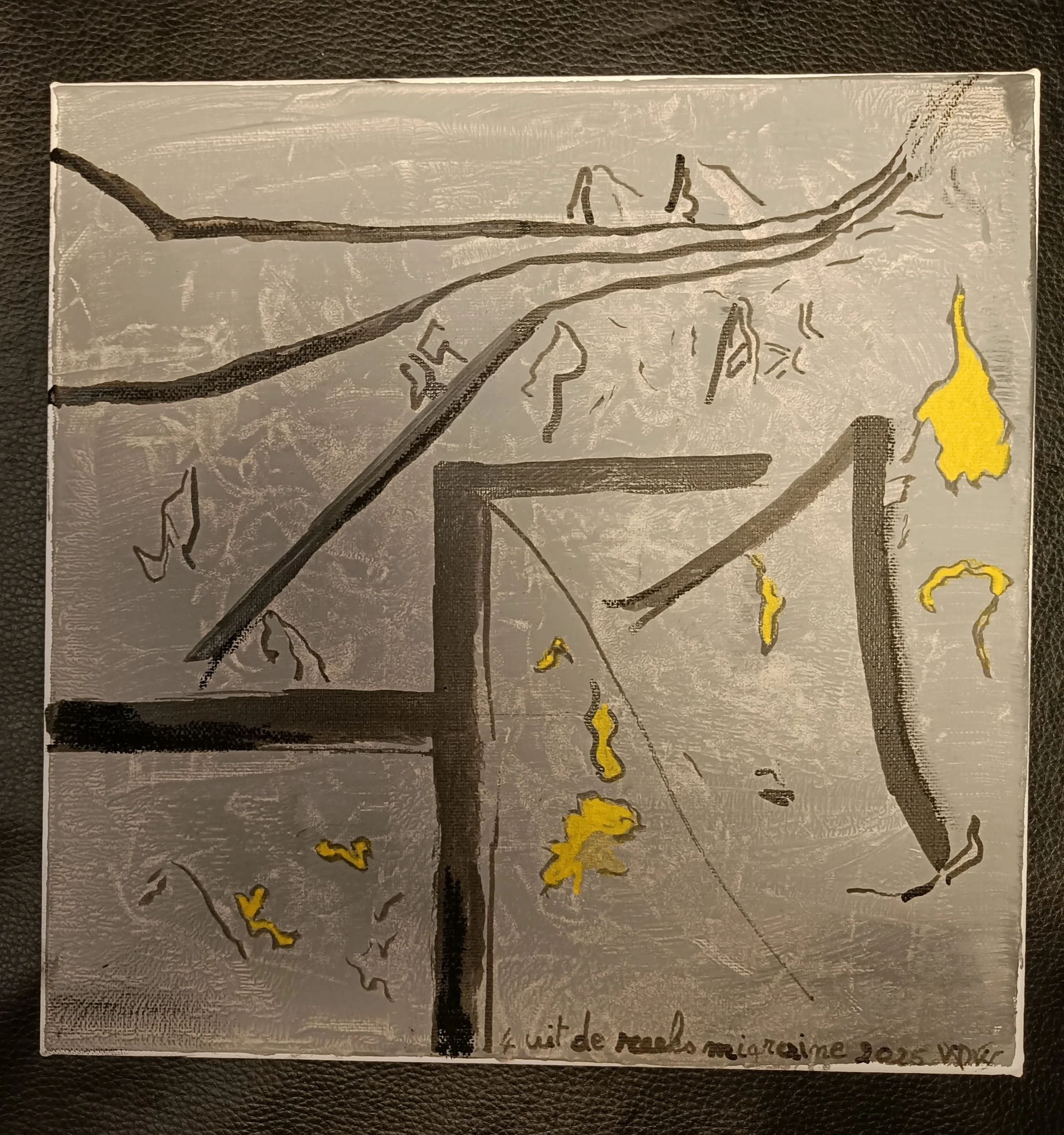 Veronique Van de Woestyne - migraine 2025  - Every month, one day before my period, I get a migraine. Sometimes it even makes me vomit. When I close my eyes, I see abstract images. I decided to capture these volatile visions. I drew the lines with my