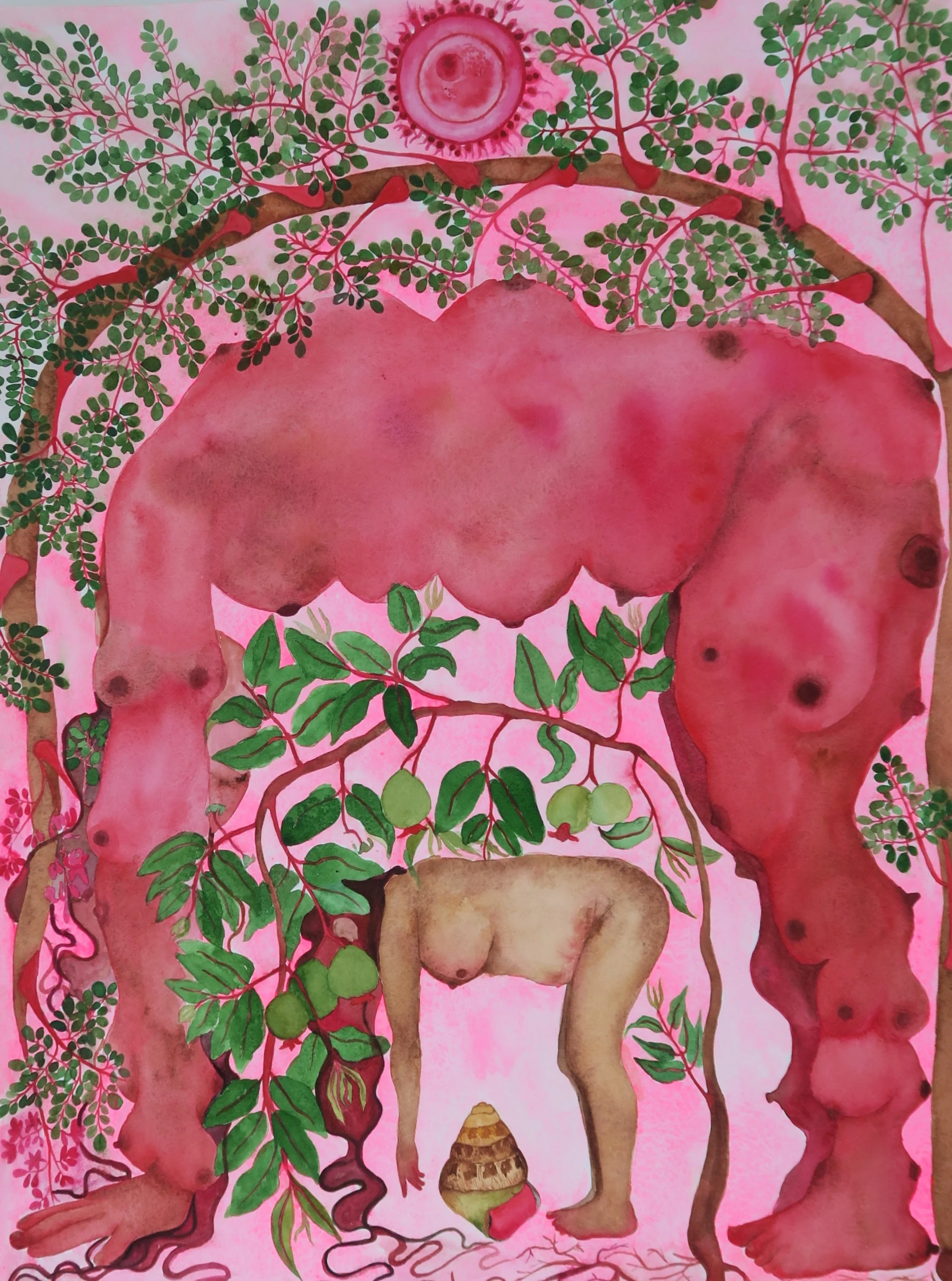 Jonabel huavas - “Layers of Care” (2025)
watercolor, gouache, and acrylic on paper
76 x 57 cm

I was thinking about notions of care and reciprocity between the body and nature while I was making this painting. I was remembering the stories of how the