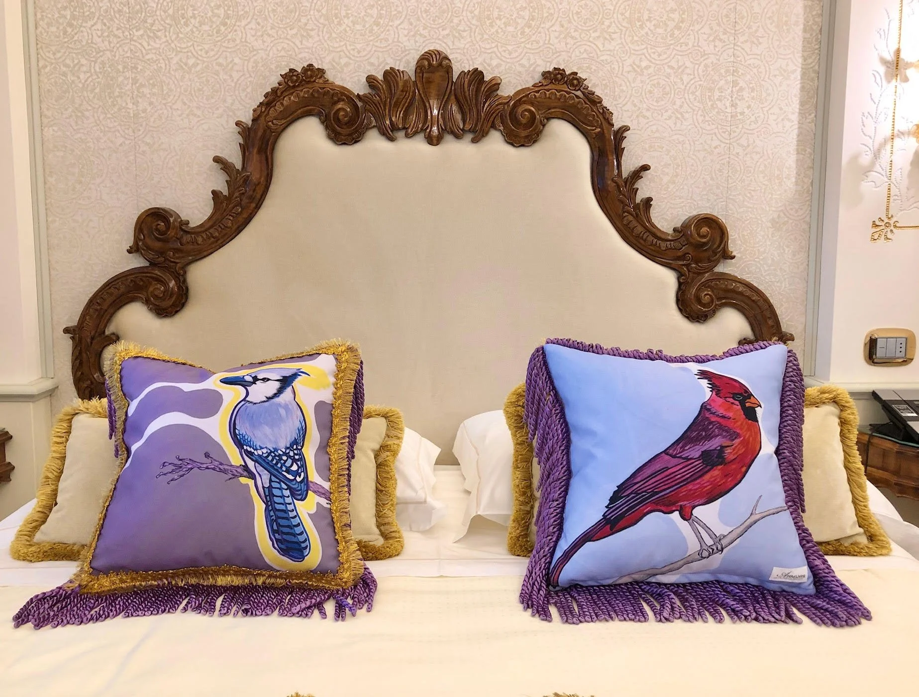 Luxury Art Pillow Blue Jay & Cardinal
