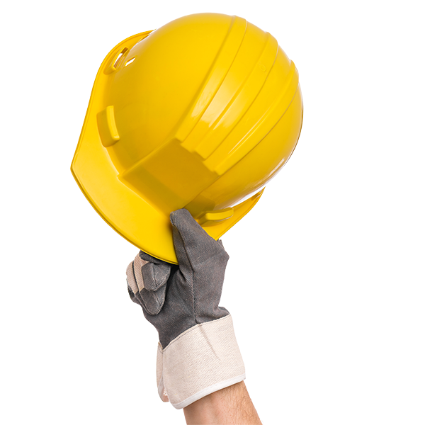 A person's hand wearing a gray work glove holding a yellow construction helmet against a white background.