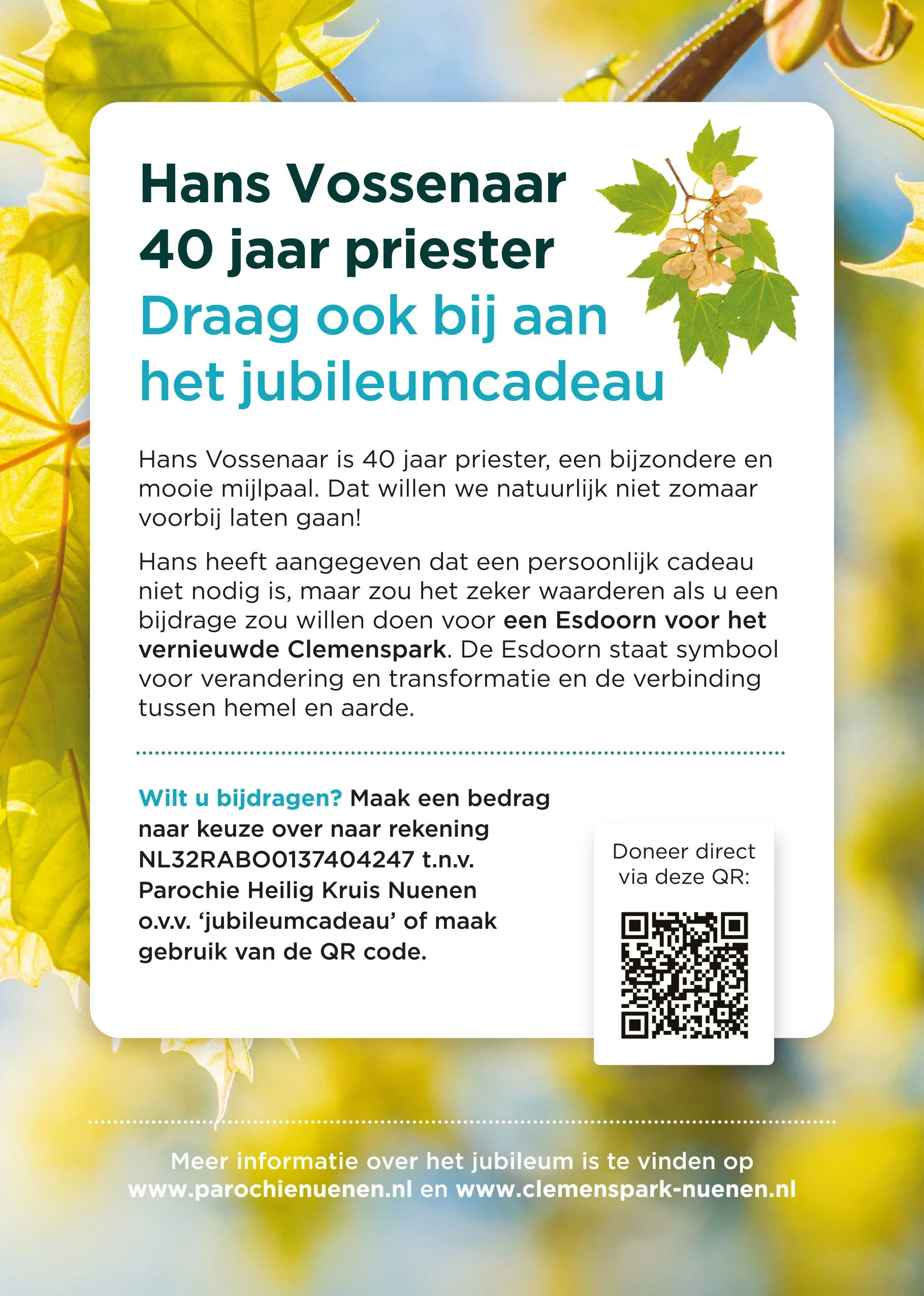 Announcement for Hans Vossenaar's 40th priesthood anniversary inviting contributions and donations via QR code.