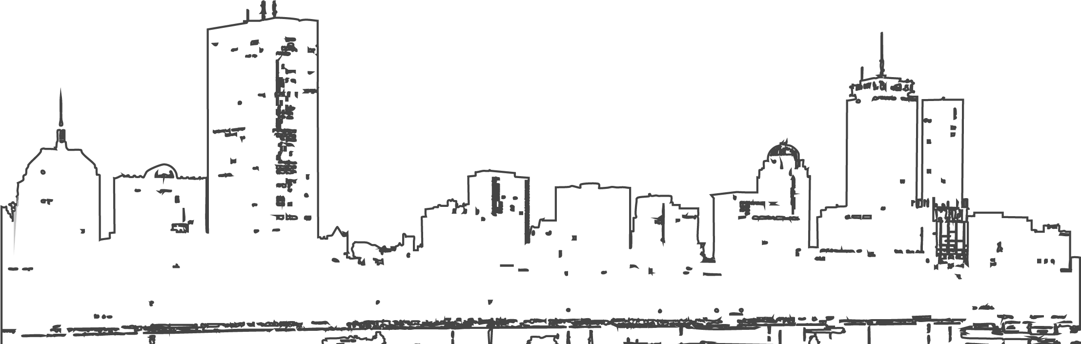 Line drawing of a city skyline with tall buildings and skyscrapers.