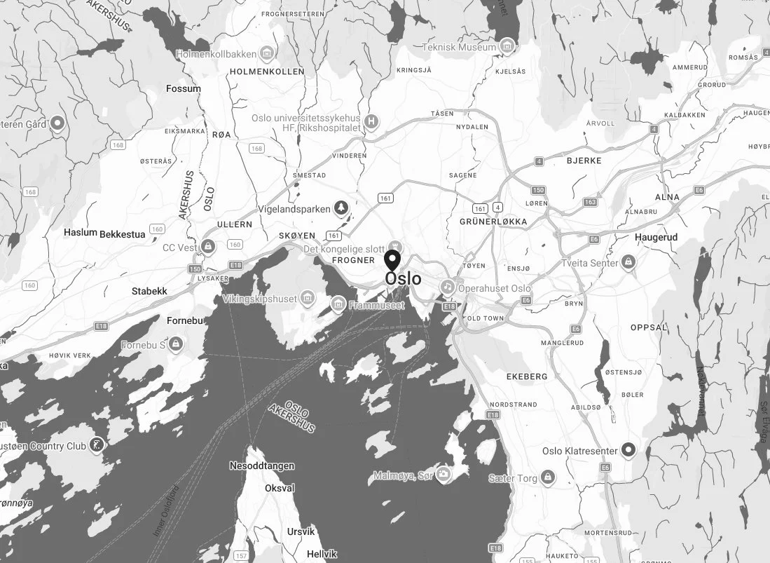 Map of Oslo, Norway, showing areas, roads, and points of interest.