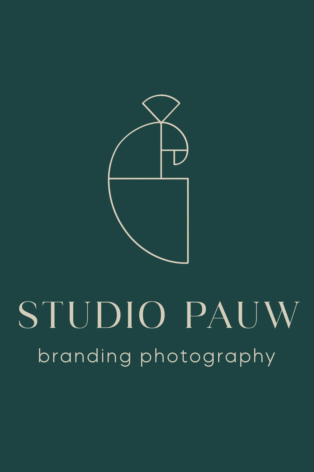 Logo van Studio Pauw met een geometrisch vogelfiguur en de tekst 'Studio Pauw' en 'branding photography' op een donkergroene achtergrond.