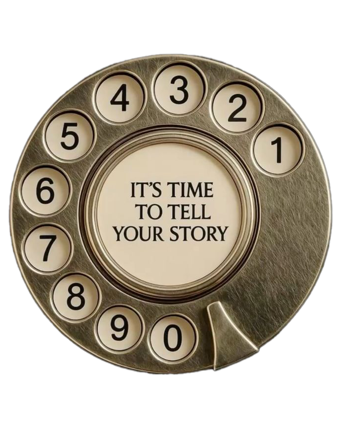 Een roestvrij stalen vintage telefoonknop met het citaat: "Het is tijd om je verhaal te vertellen" op het scherm.